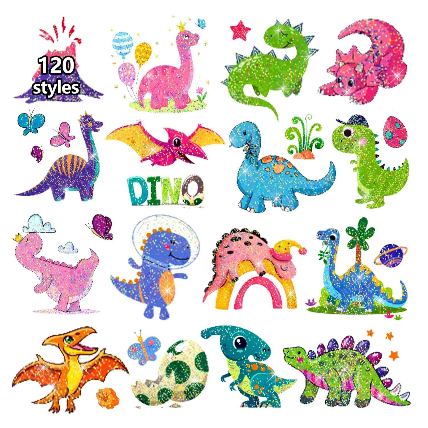 Partywind 120 Glitter Styles Dinosaur Tattoos for Kids Party Supplies, Dinosaur Birthday Party Favors Decorations, Fake Tattoo Stickers for Boys and