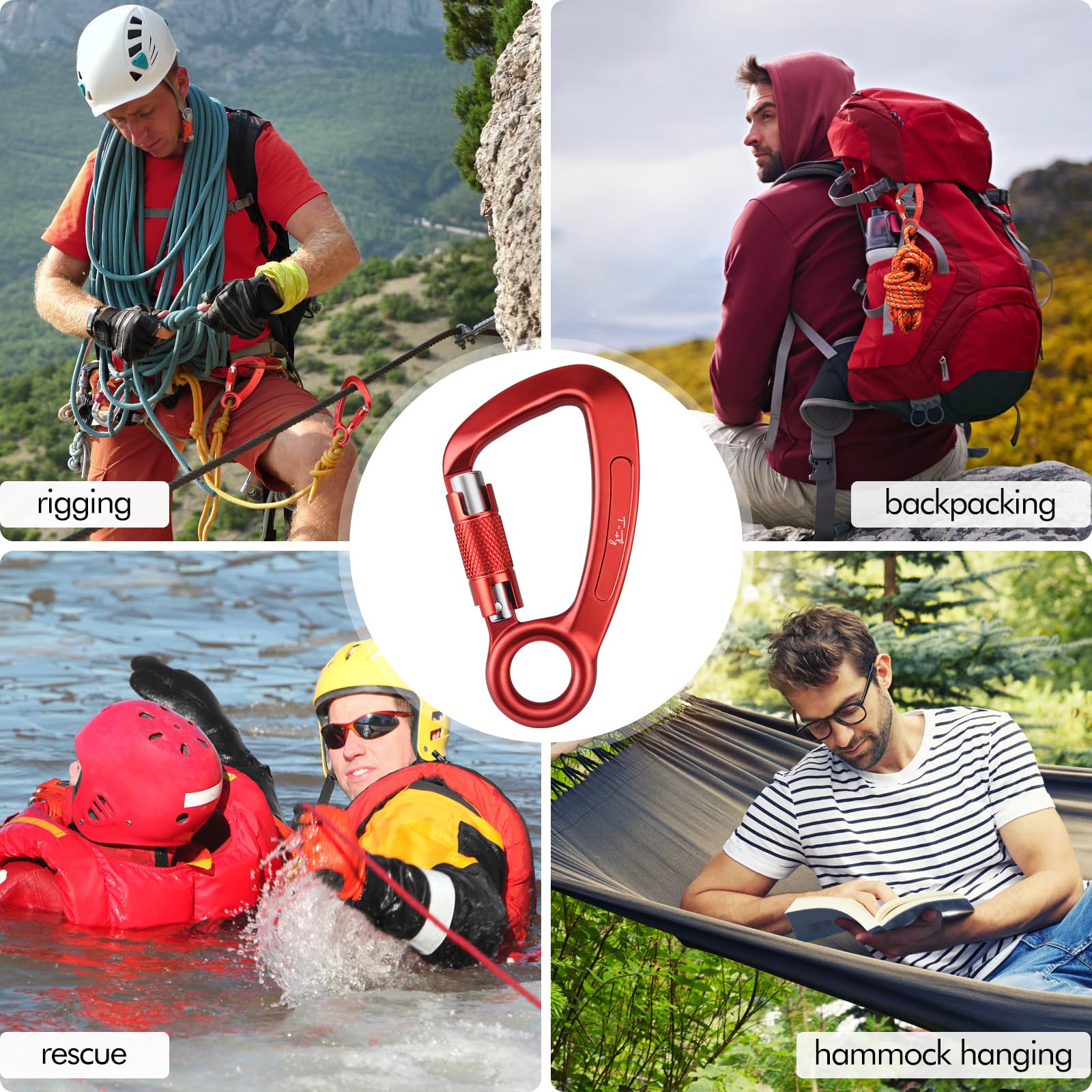 T-Fly Mosquetón de bloqueo automático de 35 KN (3,568.9 kg), mosquetón de roca de escalada certificado UIAA con ojal redondo para rapel, escalada, cuerdas