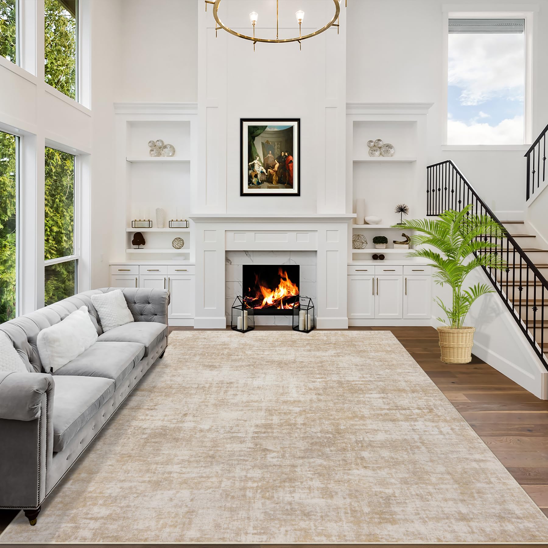 9x12 Area Rugs Washable Rug: Modern Abstract Living Room Rug Soft Anti-Skid Thin Carpet Indoor Floor Non-Shedding Carpets for Bedroom Dining Room Farmhouse Nursery Home Office Beige