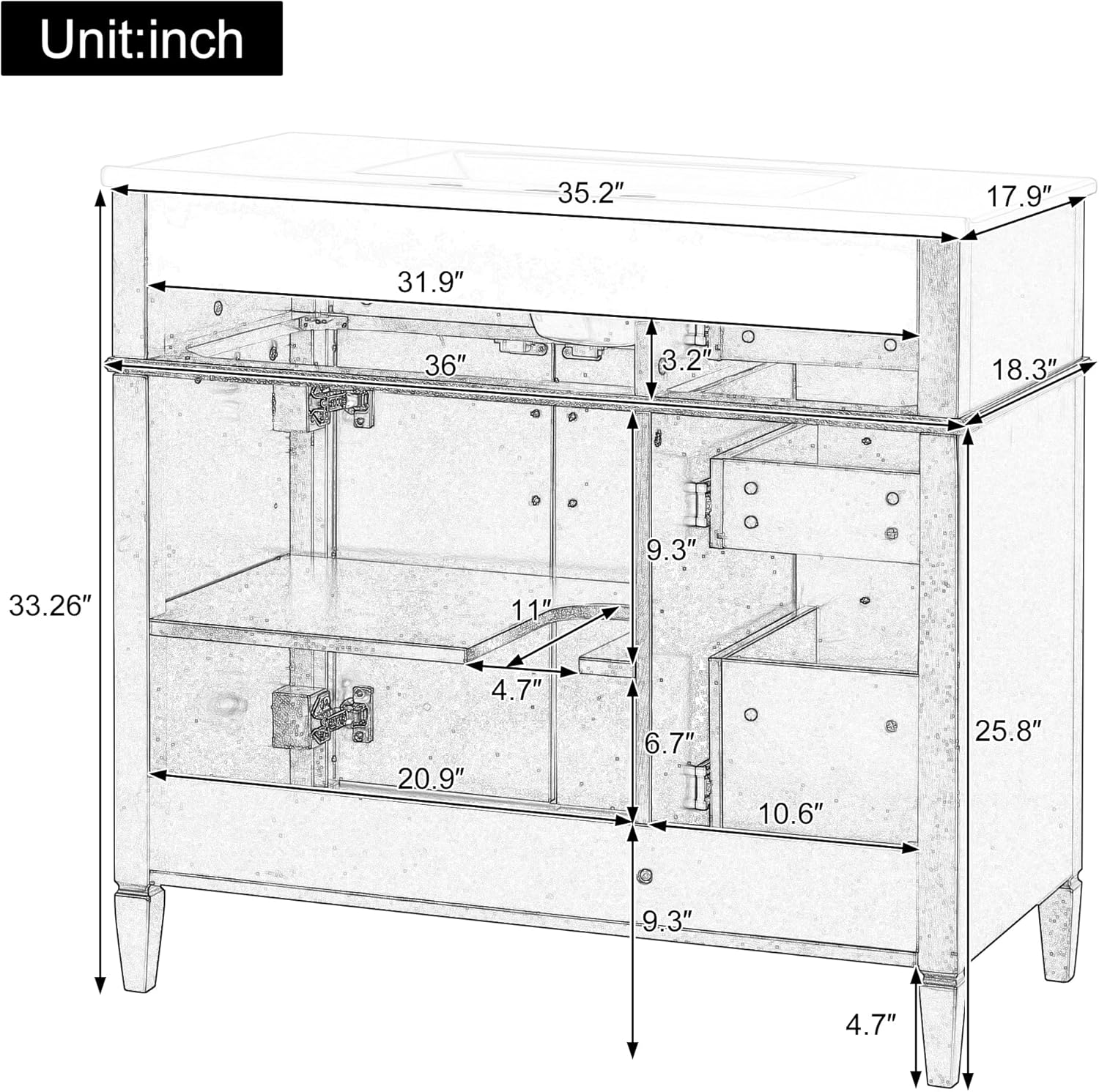 36 Inch Bathroom Vanity with Sink, Single Sink Vanity with 4 Drawers (1 Flip Drawer), 2 Doors & Adjustable Shelf, Pinewood+MDF Cabinet with Ceramic Basin, Gold Metal Handles, Soft-Close Hinges, Black