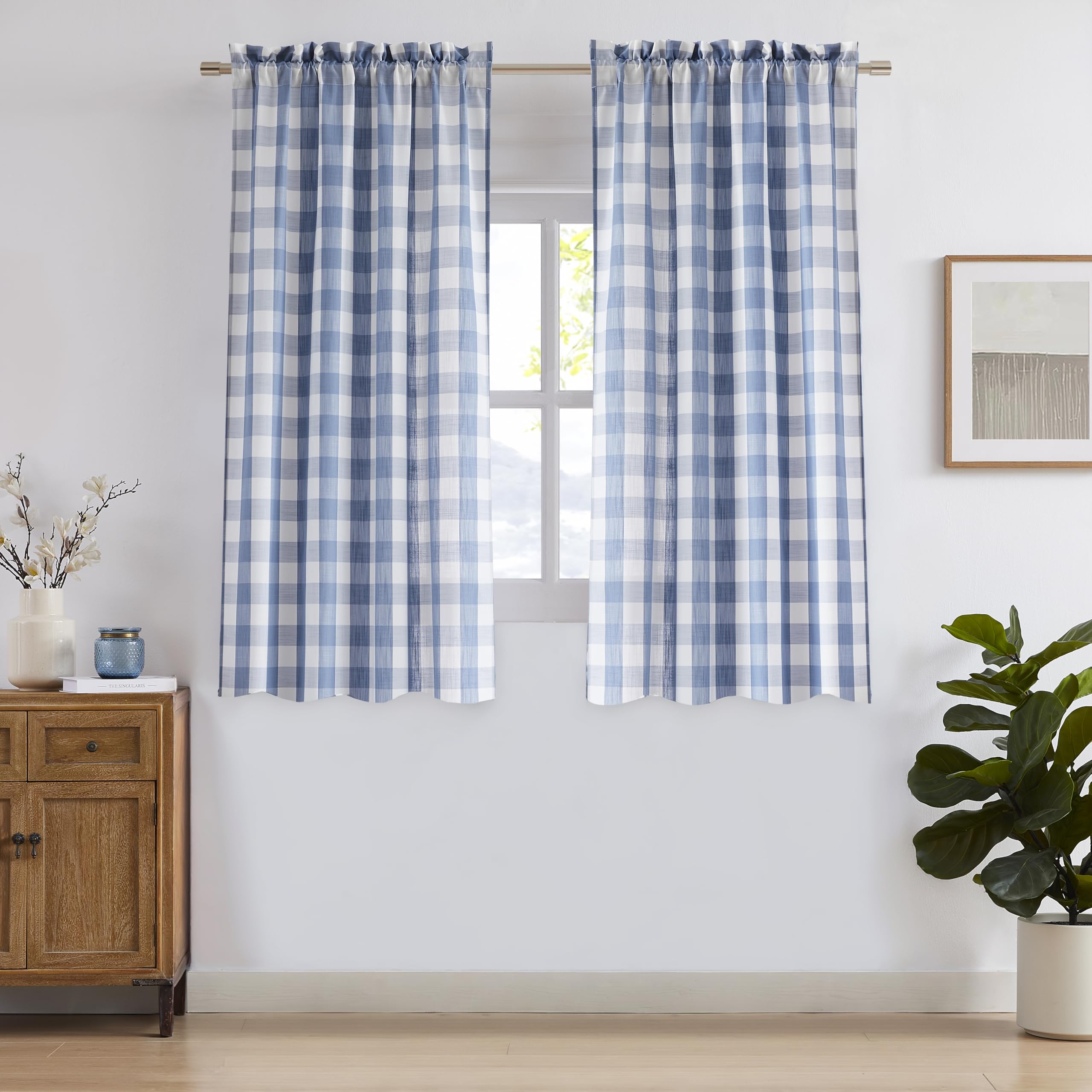 Bapawfish Dusty Blue White Buffalo Plaid Short Curtains 63 Inches Long