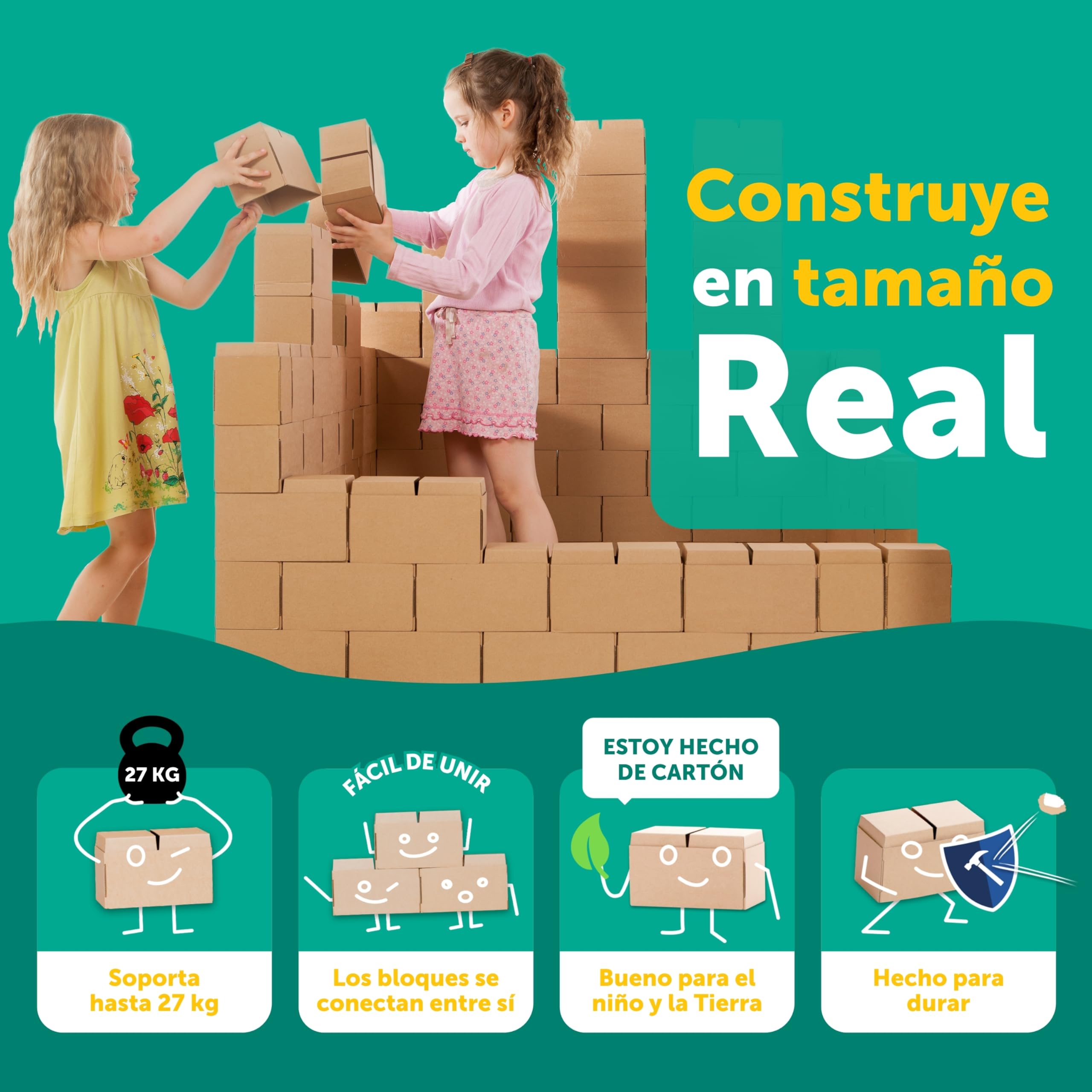 GIGI BLOKS Tamaño XXL 100 Ladrillos de Cartón Encajables y Apilables | Robustos y Fáciles de Montar Grandes Bloques Construccion Niños | Kit Construcción Fuerte Niños | Juegos Infantiles Educativos