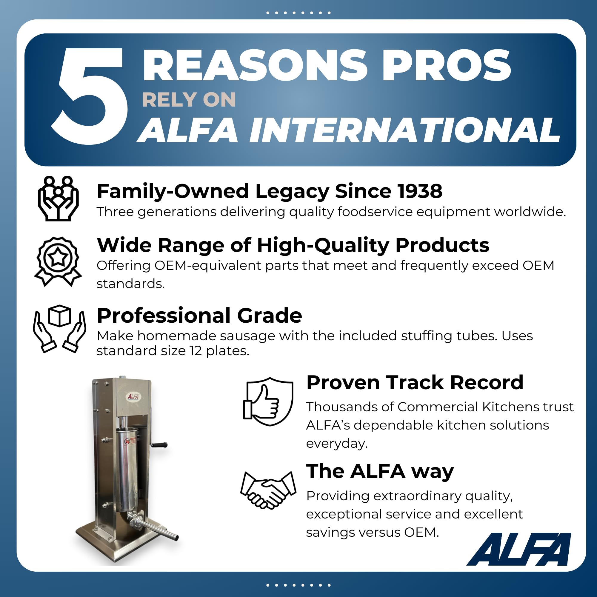 ALFA SS10V Stainless Steel 10 lb Vertical Sausage Stuffer | Commercial Grade Sausage Maker with 10, 16, 22, and 32 MM Sausage Stuffing Tubes