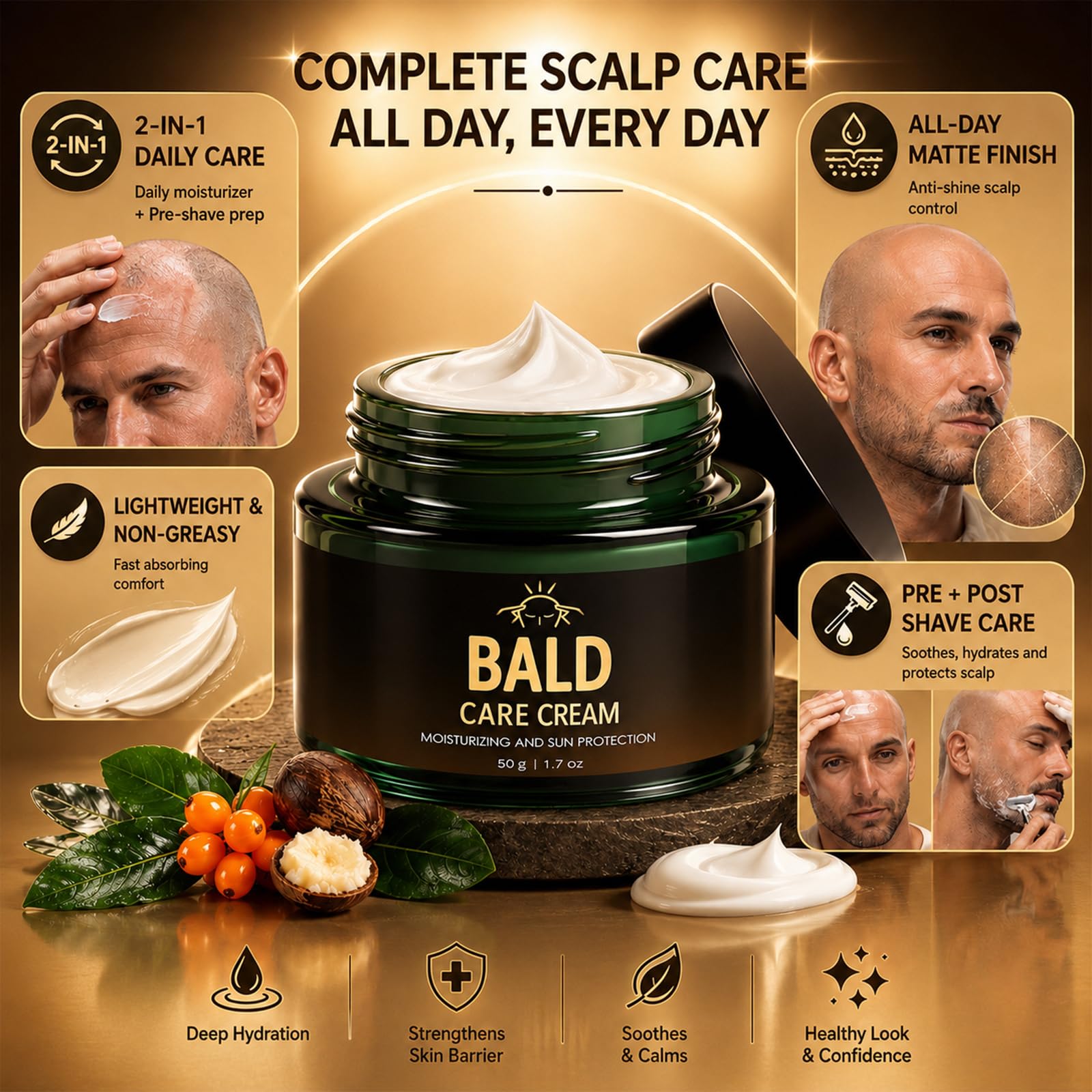 50ml Glatzencreme Männer, Kopfhaut Pflege Creme, Beruhigend | Feuchtigkeitsspendend Für Glatze, Geeignet Für Männer Nach Friseurhandwerk Und Dem Rasieren Glatzenträger, Mattierende