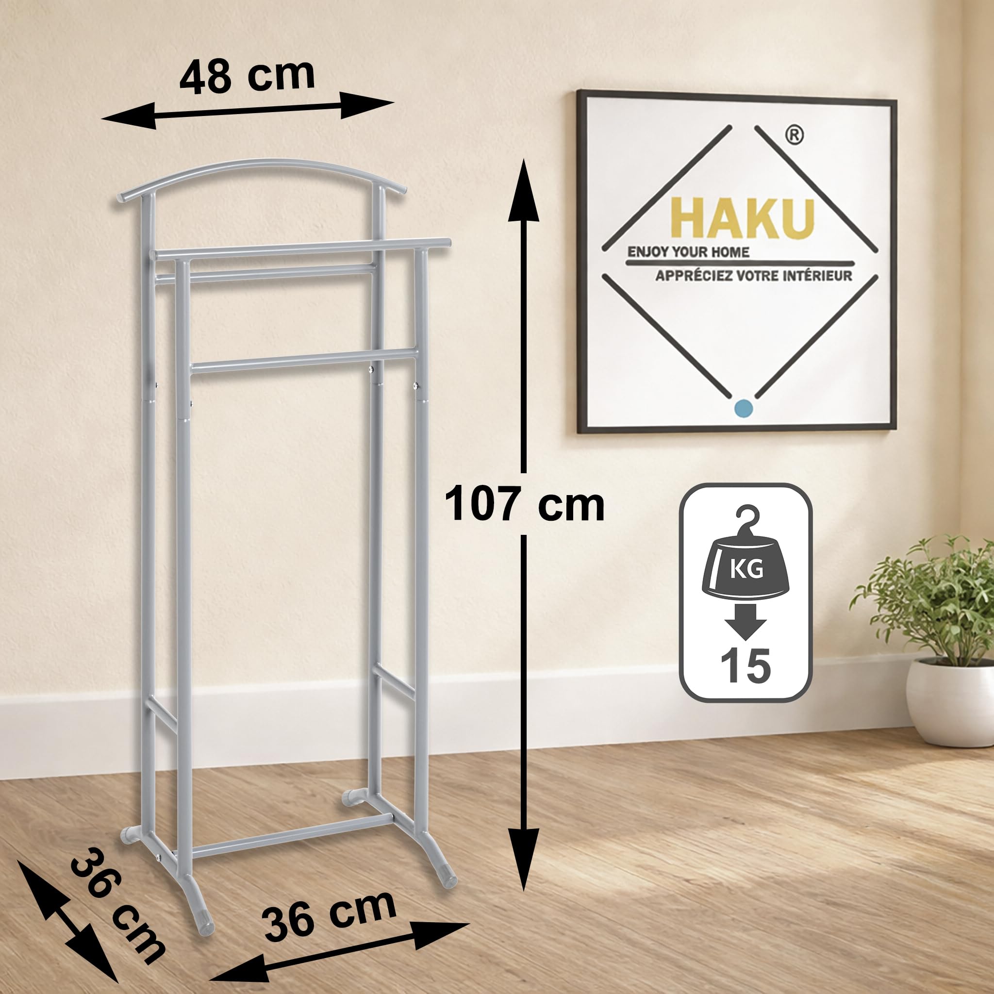 HAKU galán de noche para hombre dormitorio gris tubo de acero sirviente silencioso gris - Medidas: Ancho 48 x Alto 107 x Profundidad 36 cm, Estilo: Moderno
