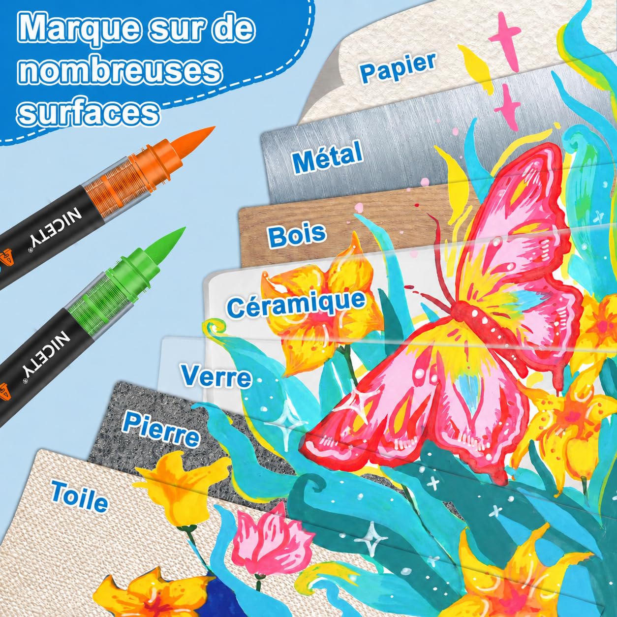 NICETY 264 Feutres Acryliques à Pointe Pinceau - Marqueurs Peinture à l'Eau Multi-Supports pour Pierre, Bois, Céramique, Verre - Pointe Flexible 1-6mm pour Artistes, Débutants et Adultes