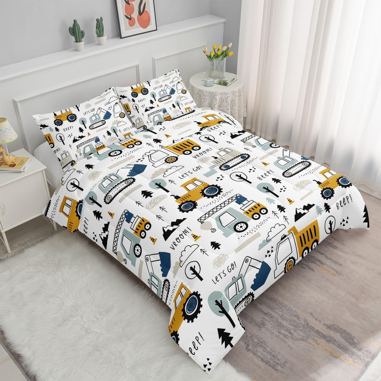 Kids Cartoon Excavator Bedding Comforter Sets for Boy and Girls,Construction Truck Bulldozer Tree Pattern Comforter Set with 2 Pillowcase and 1 Comforter(Excavator Twin)