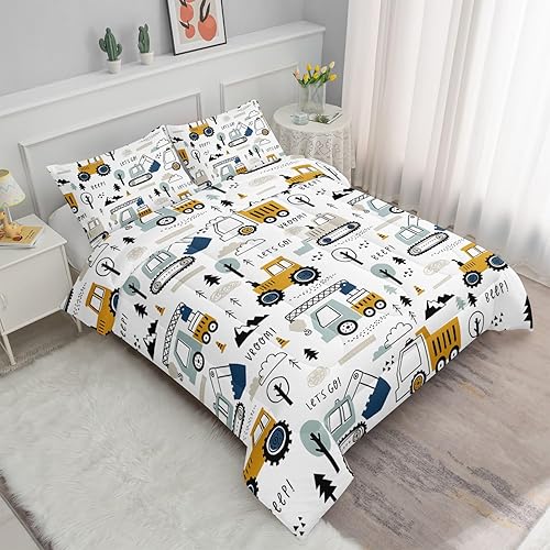 Miniatura 2 de Datura home Juego de edredón con diseño de excavadora de dibujos animados para niños y niñas, juego de edredón con patrón de árbol de excavadora de