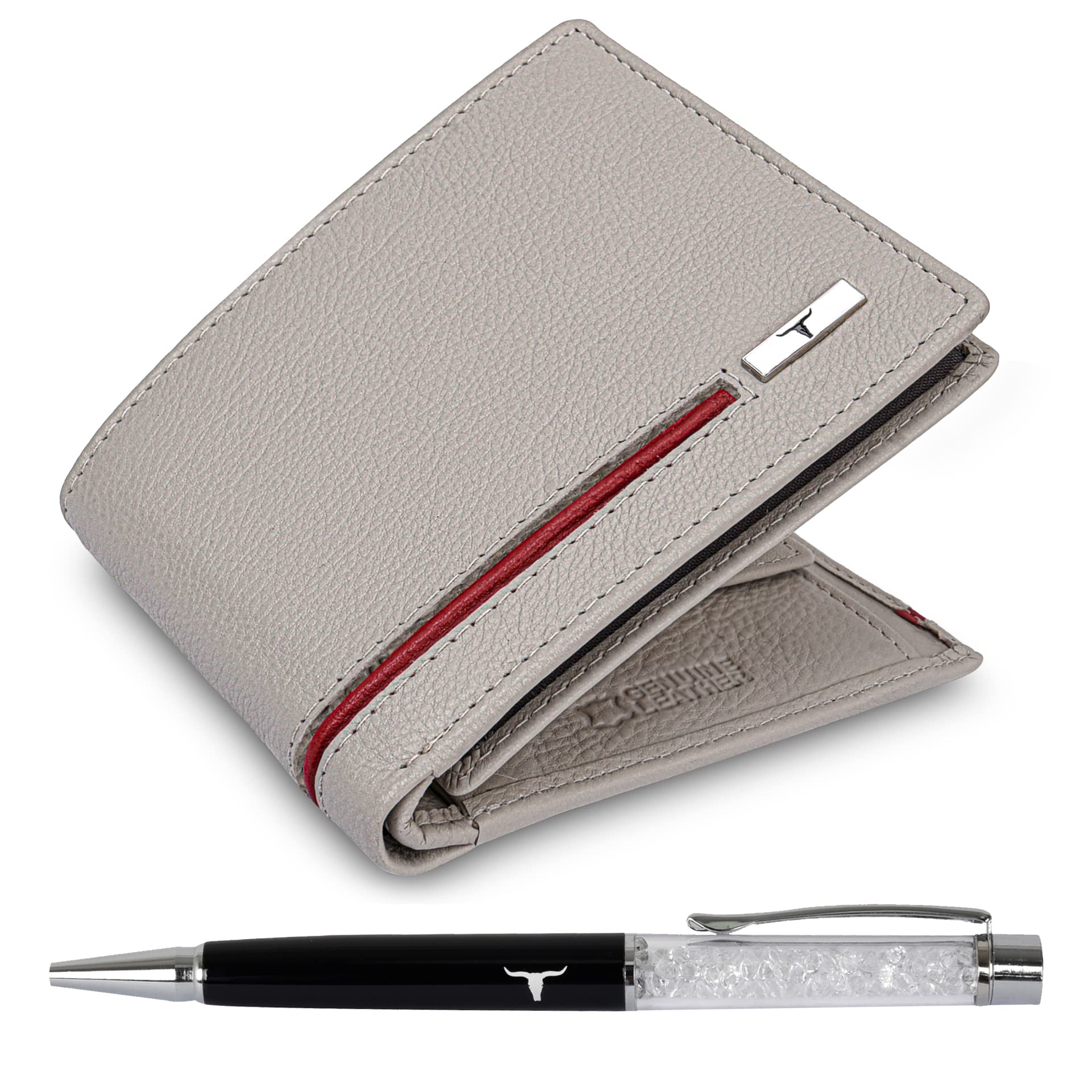URBAN FOREST Stag Sand/Red Leather Wallet & Pen Combo Gift Set for Men
