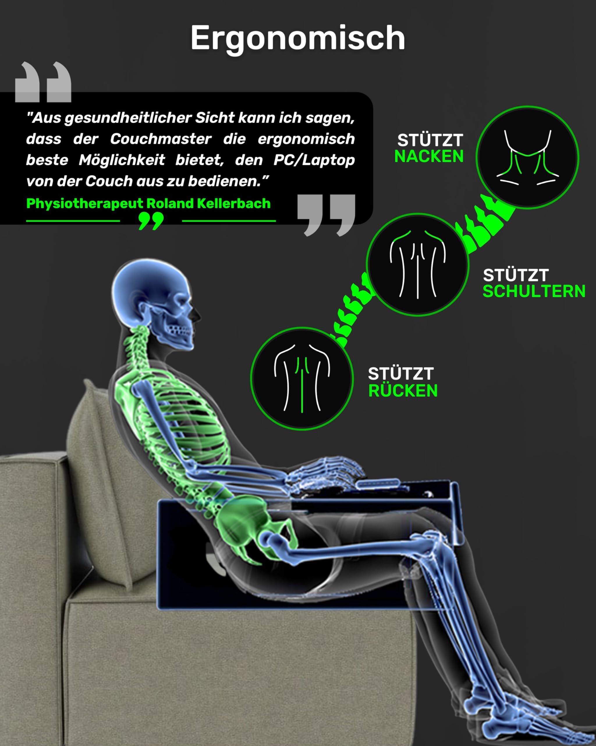 Couchmaster CYCON³ Black HORIZONLIGHT Bar, ergonomischer Gaming Laptoptisch für Couch, Sofa und Bett, Laptop Tisch mit USB Hub für PC, PS4/5, Xbox One/Series X und Laptops