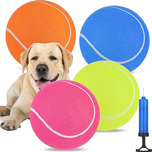 Paquete de 4 pelotas de tenis gigantes inflables para perros de 9.5 pulgadas, pelota de goma grande para interiores y exteriores, pelota de tenis