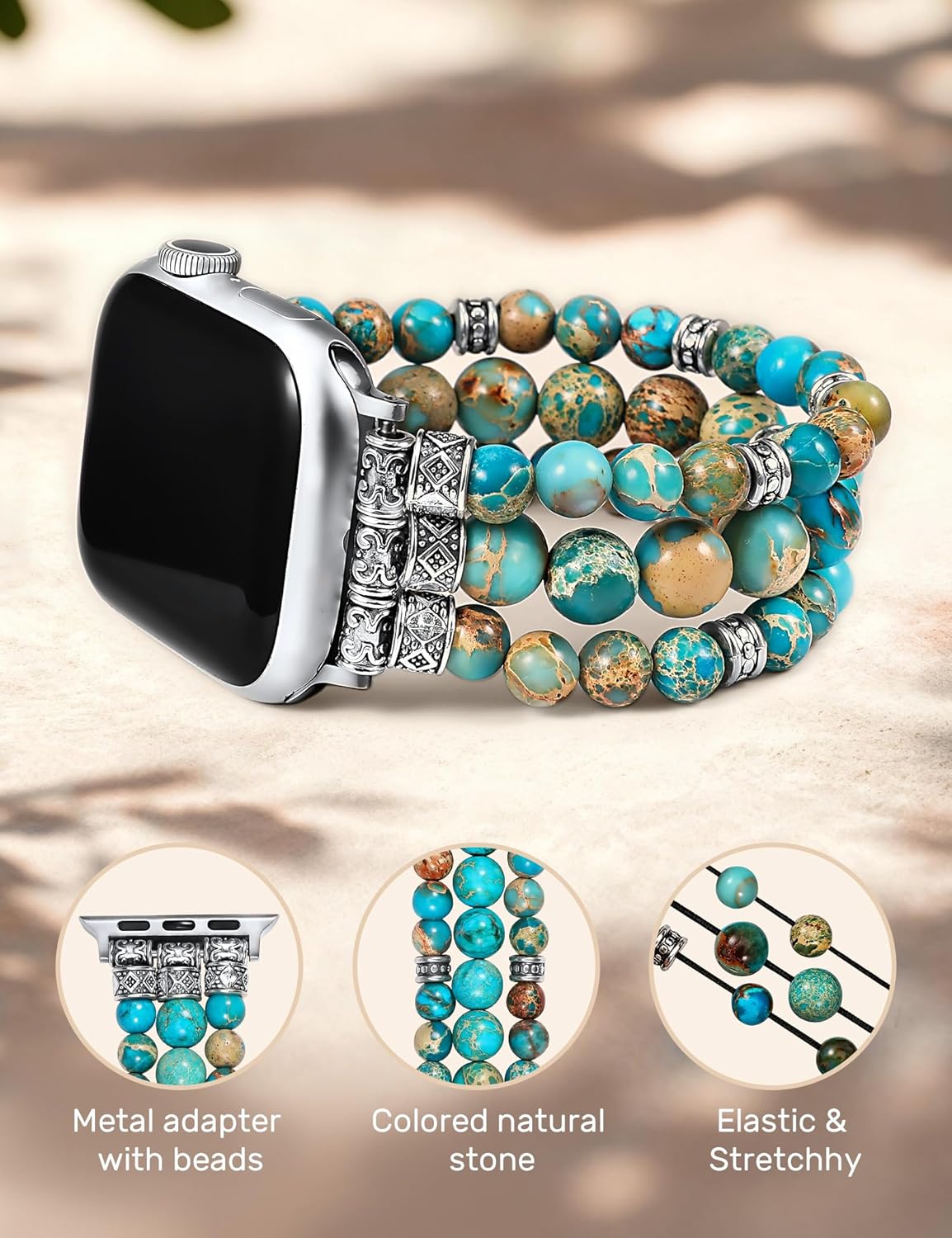 Moolia Stretch Natural Stone Strap Compatible with Apple Watch Bands 40/42/41/38mm Women, Jasper Handmade Bracelet Boho Beaded Band for iWatch Series 11 10 9 8 7 6 5 4 3 SE/Ultra 3 2 1 - Image 3