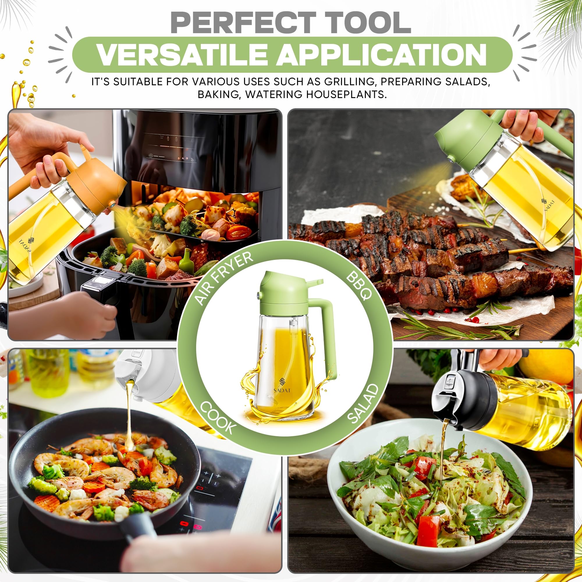 SADAT Pulverizador de aceite, botella de vidrio de 16 onzas para cocinar, dispensador de aceite sin aerosol para freidora de aire, barbacoa, parrilla y ensalada con parte superior de acero inoxidable