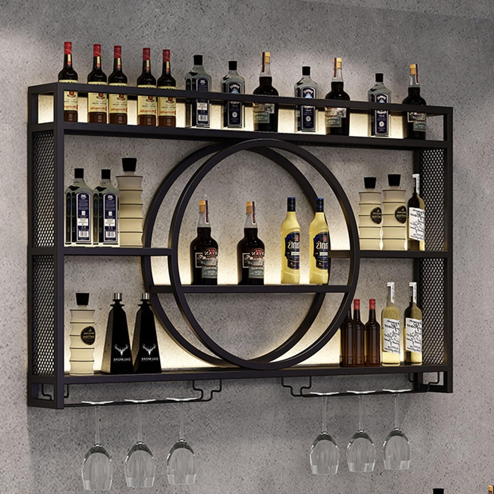 Étagère à vin murale gain de place avec range-verre LED