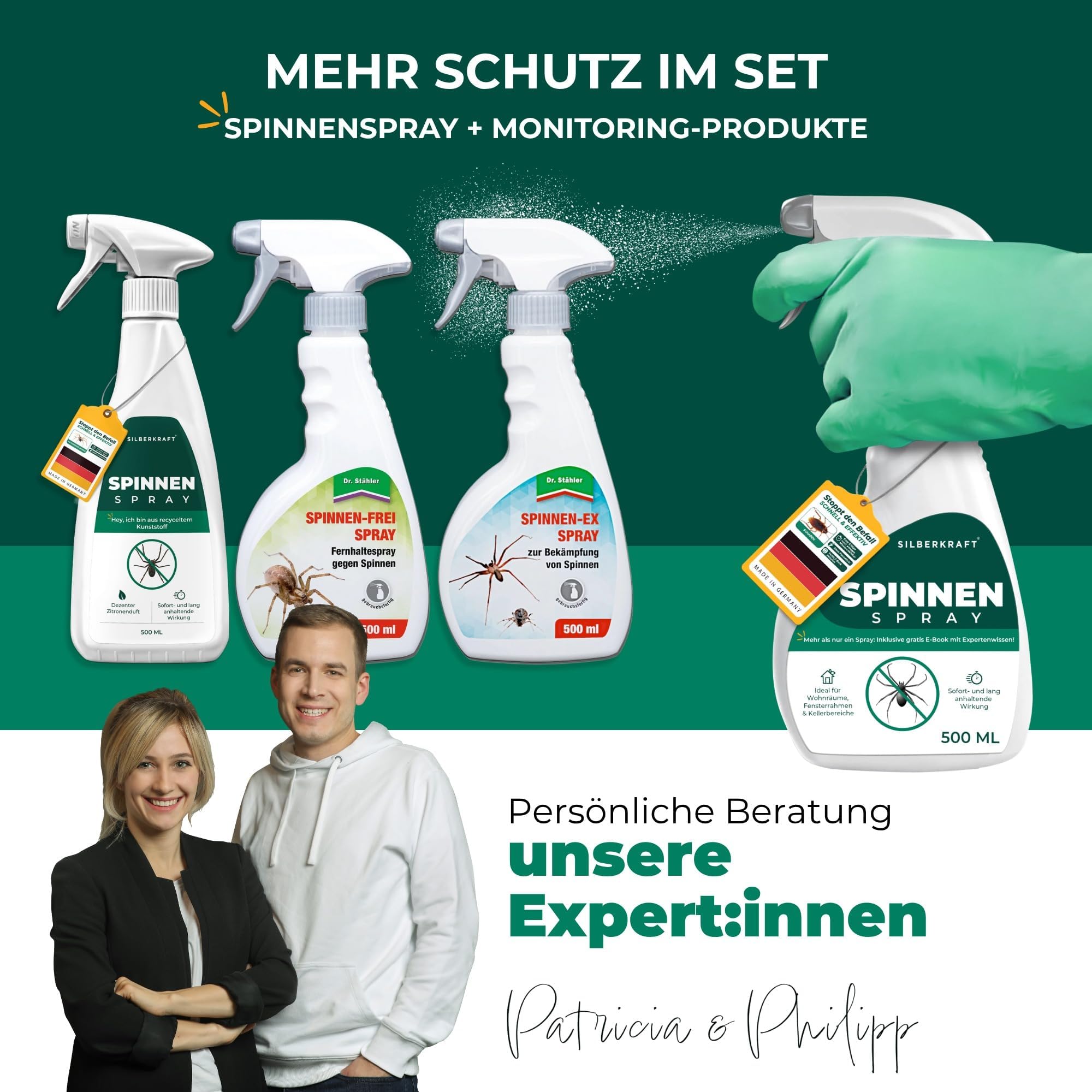 Silberkraft Spinnenspray 500 ml - Hochwirksames Spinnenabwehr-Mittel mit Sofortwirkung gegen Spinnen - Anti-Spinnenspray für Innen & Außen - Spinnen dauerhaft vertreiben - laborgeprüft