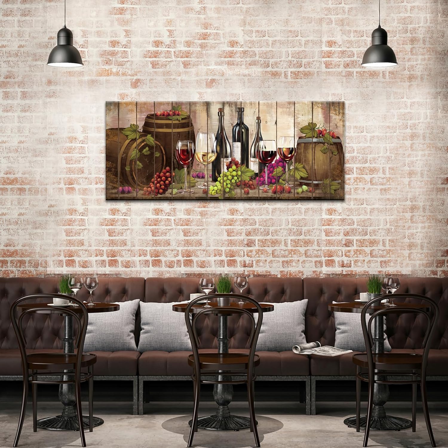 Conipit Wine Cellar Wall Decor Kitchen Canvas Grape Wine Pictures Barrel and Fruit Dining Paintings Artwork Prints Framed 20''x48''