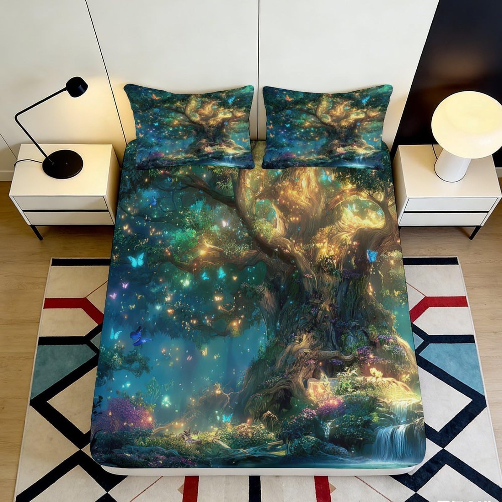 3D Printed Enchanted Forest Fitted Sheet Microfiber Soft Breathable Magic Tree Bed Cover for Bedroom Dorm Decor 90x200x25cm