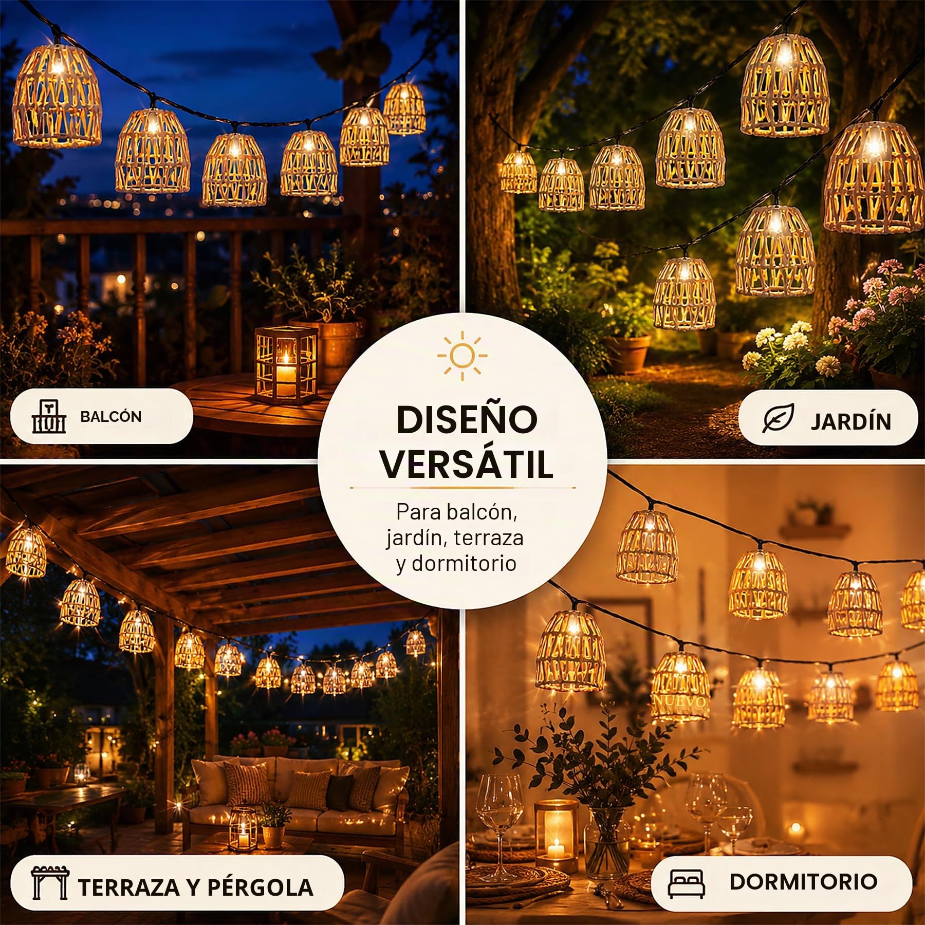 Shengruili Guirnaldas Luces Exterior Solar 10 LED,Cadena de luces solares para exteriores,Cadena de luces LED solares de ratán,Cordel De Luz para Decorar Jardines,Patios,Terrazas,Fiestas
