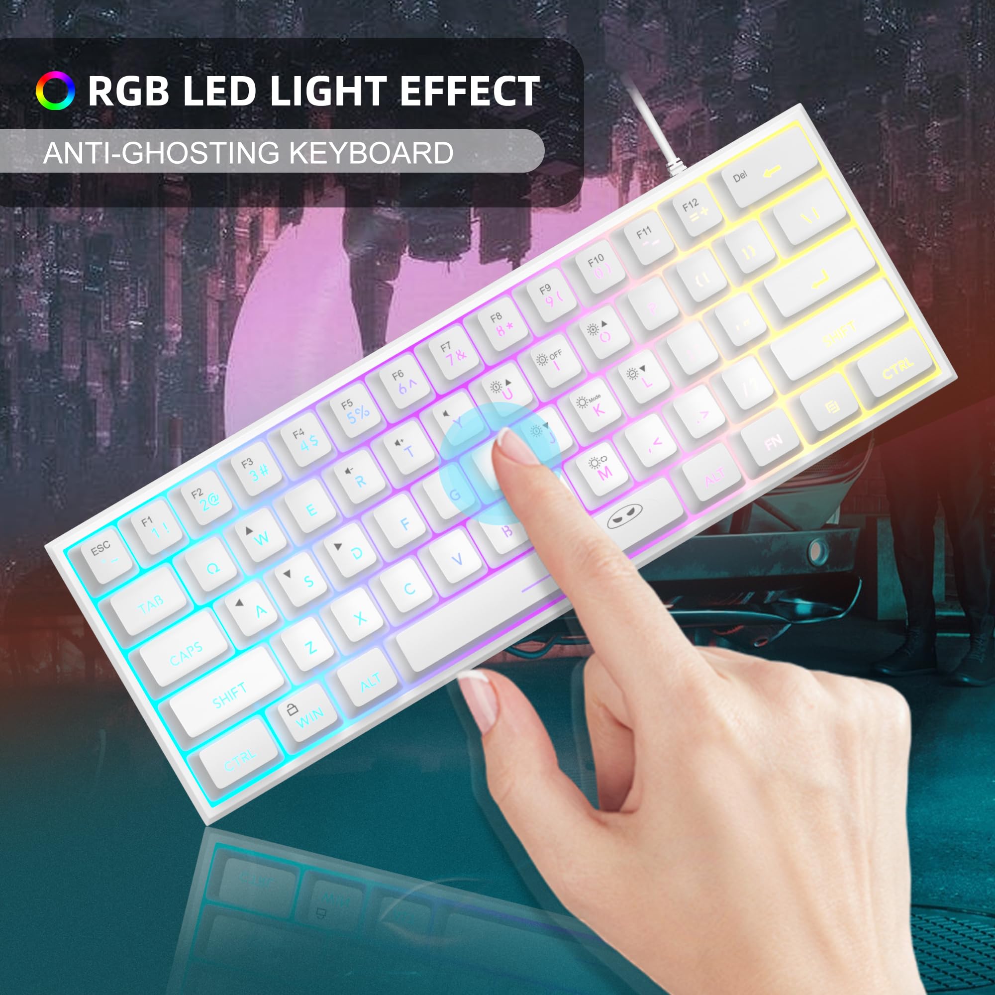 MageGee Tastiera da gioco al 60%, impermeabile, ultra-compatta, mini tastiera a 61 tasti, retroilluminata RGB, tastiera portatile per computer Mac Windows Laptop Xbox PS PC (bianco)