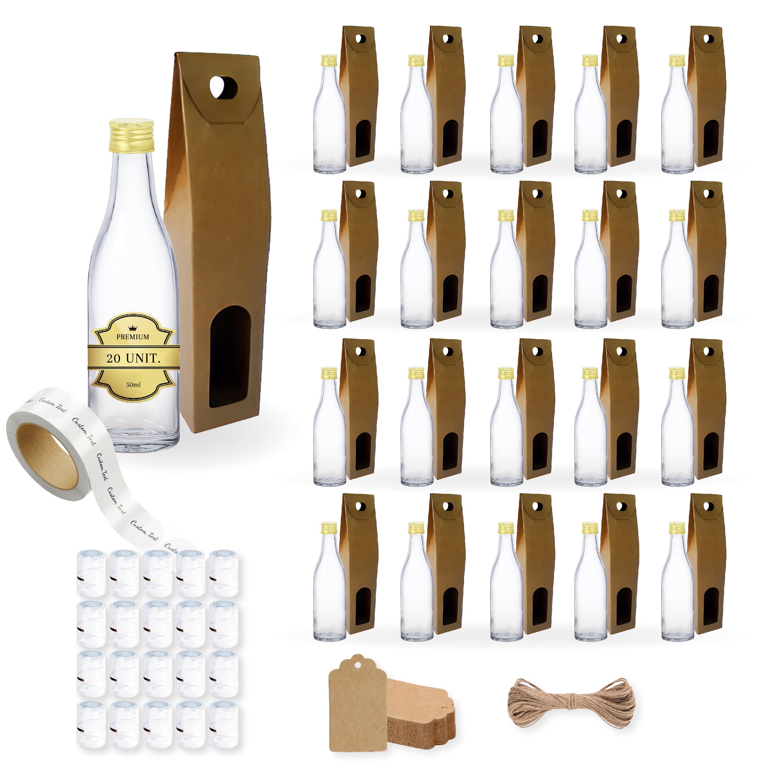 20 mini botellas de cristal de 50 ml con tapón de rosca dorado, caja, etiqueta kraft, hilo y etiqueta personalizable- Minibotellas de alcohol de 5 cl, pequeñas muestras - regalos, bodas