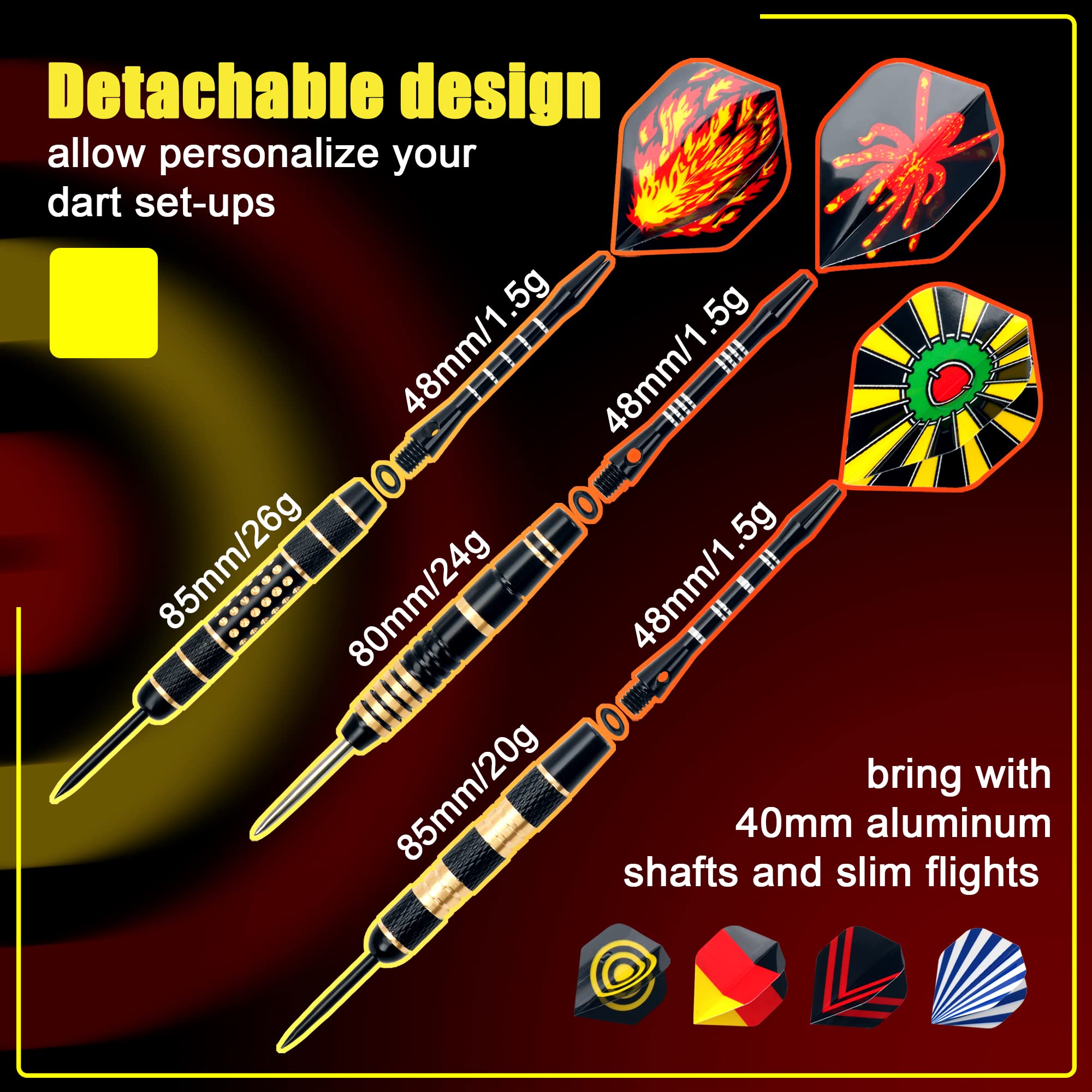 Alyoen 12 Stück Dartpfeile Metallspitze,20/24/26Gramm Profi Dartpfeile,Darts Sets mit Aluminium Schafts Flights Sharpener Beschützer Rubber O's Rings Multi Purpose Dart Tool