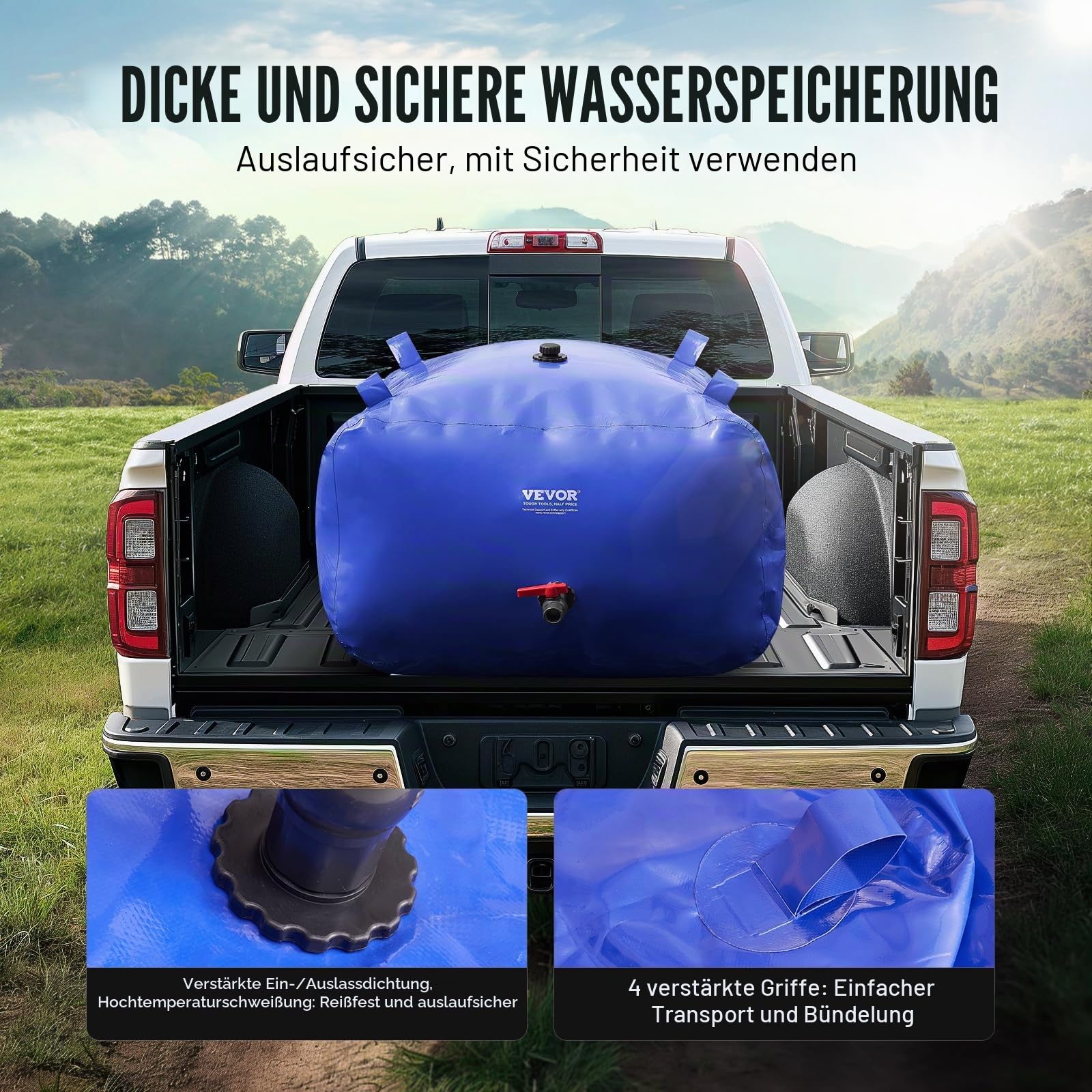 VEVOR 400L Wasserblasen Aufbewahrungsbehälter, Wassertank, 1000D blaues PVC, zusammenklappbare Wasserspeicherbehälter, Wasserbeutel mit großer Kapazität, tragbarer Wasserbehälter, Brandschutz, Camping