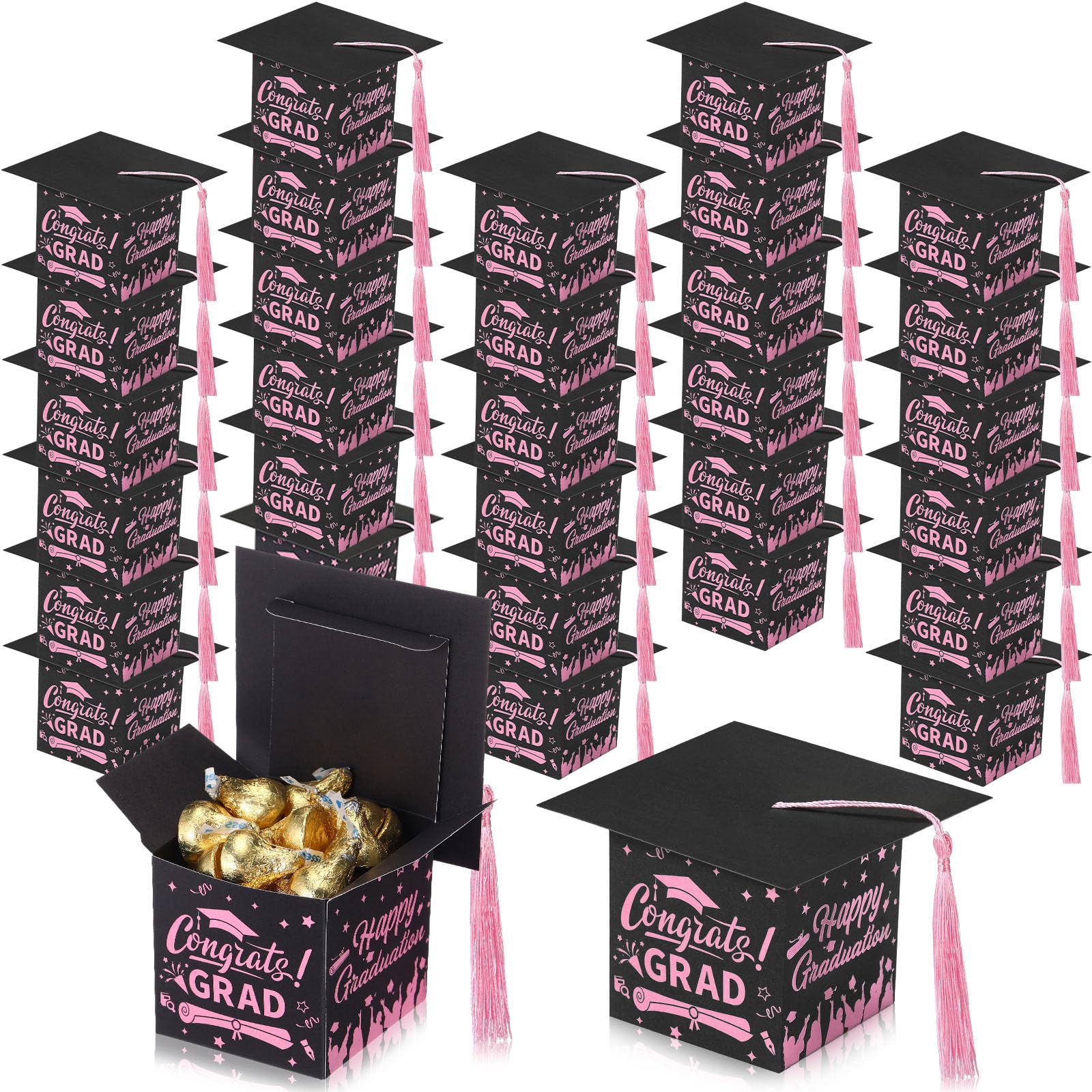 Chuangdi 30-Piece Congrats Grad Candy Boxes, DIY Grad Cap Box with Tassels for Party Favors & Decor - Graduation Centerpieces (Pink, Black)