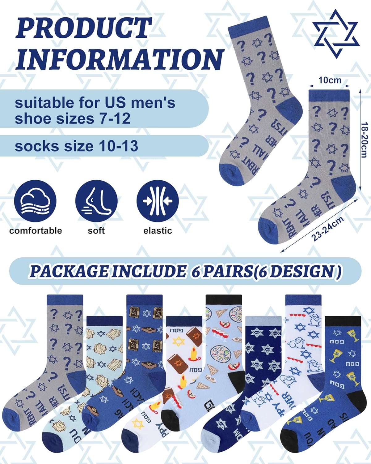 Eurzom 8 Pairs Novelty Passover Socks for Men Funny Blue Passover Matzah Crew Dress Socks Pesach Seder Gifts Jewish Holiday Party Favors Gift for Men Shoe Size 7-12 - Image 4