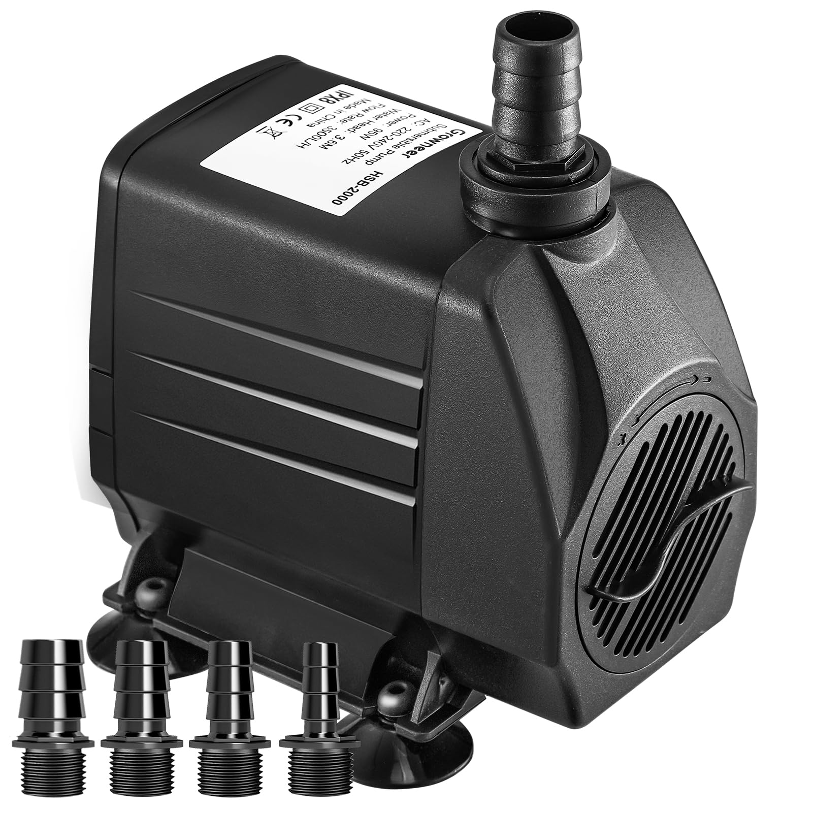 Submersible Water Pump 3500L/H, Ultra Quiet Aquarium Pump for Fountains, Pool, Fish Tank, Pond, Hydroponics, Statuary, Hight Lift 3.6m, 4 Strong Suction Cups, 4 Nozzles (3500L/H 95W)