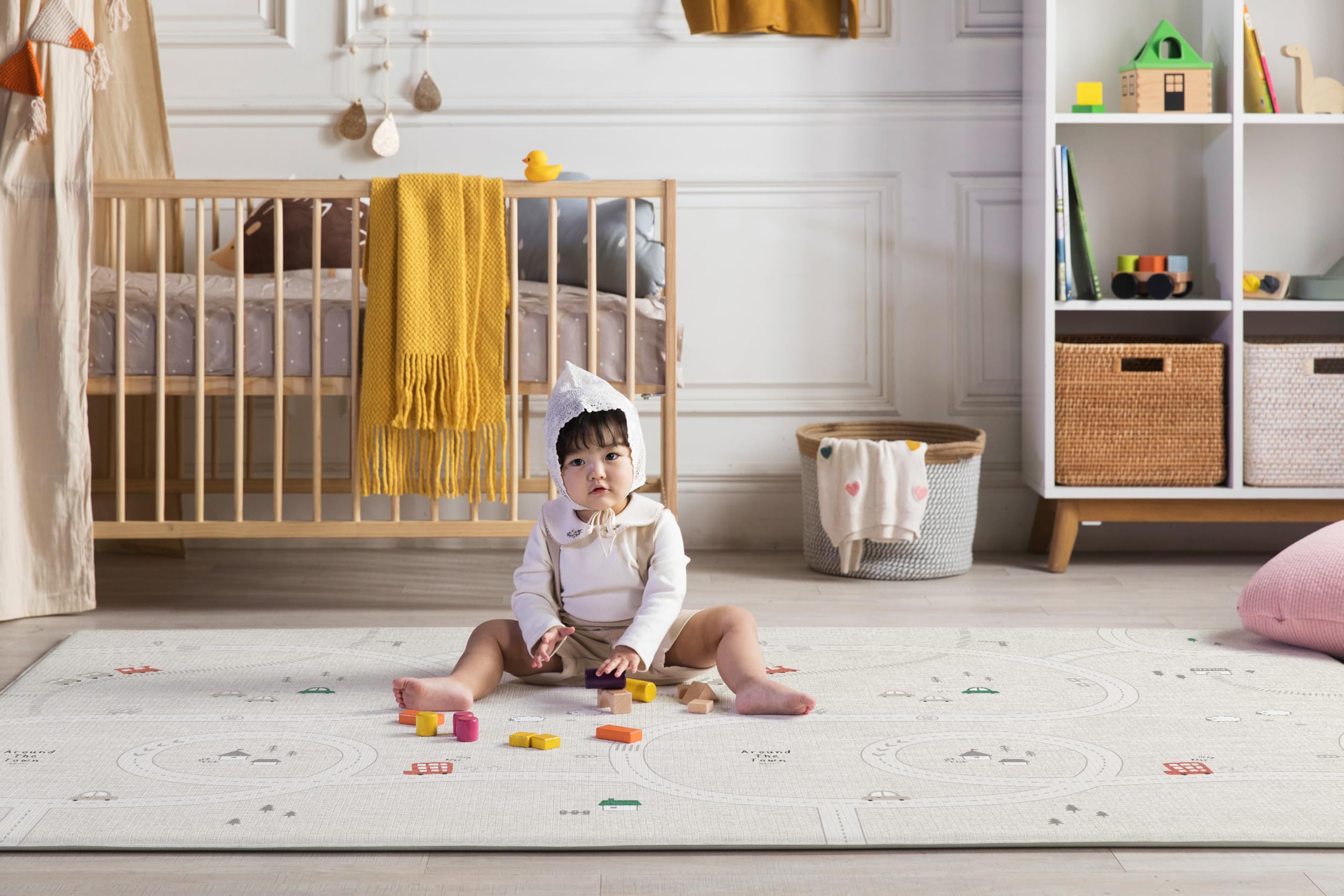 Parklon Ultra-Soft Cushioned Baby Play Mat (Around Town + Fabric Beige, One-Piece, Reversible, Water Resistant, Large)