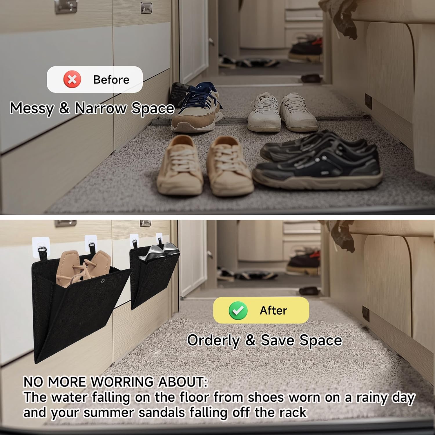 PUGPIU RV Camper Shoe Storage 2 Pack - Foldable Wall Mounted Shoe Rack Organizer - Self-Adhesive Rv Shoe Holder - Space Saving for Camper Essential Home Travel with Deep Pocket Fit 1 Pair Shoes, Black - Image 6