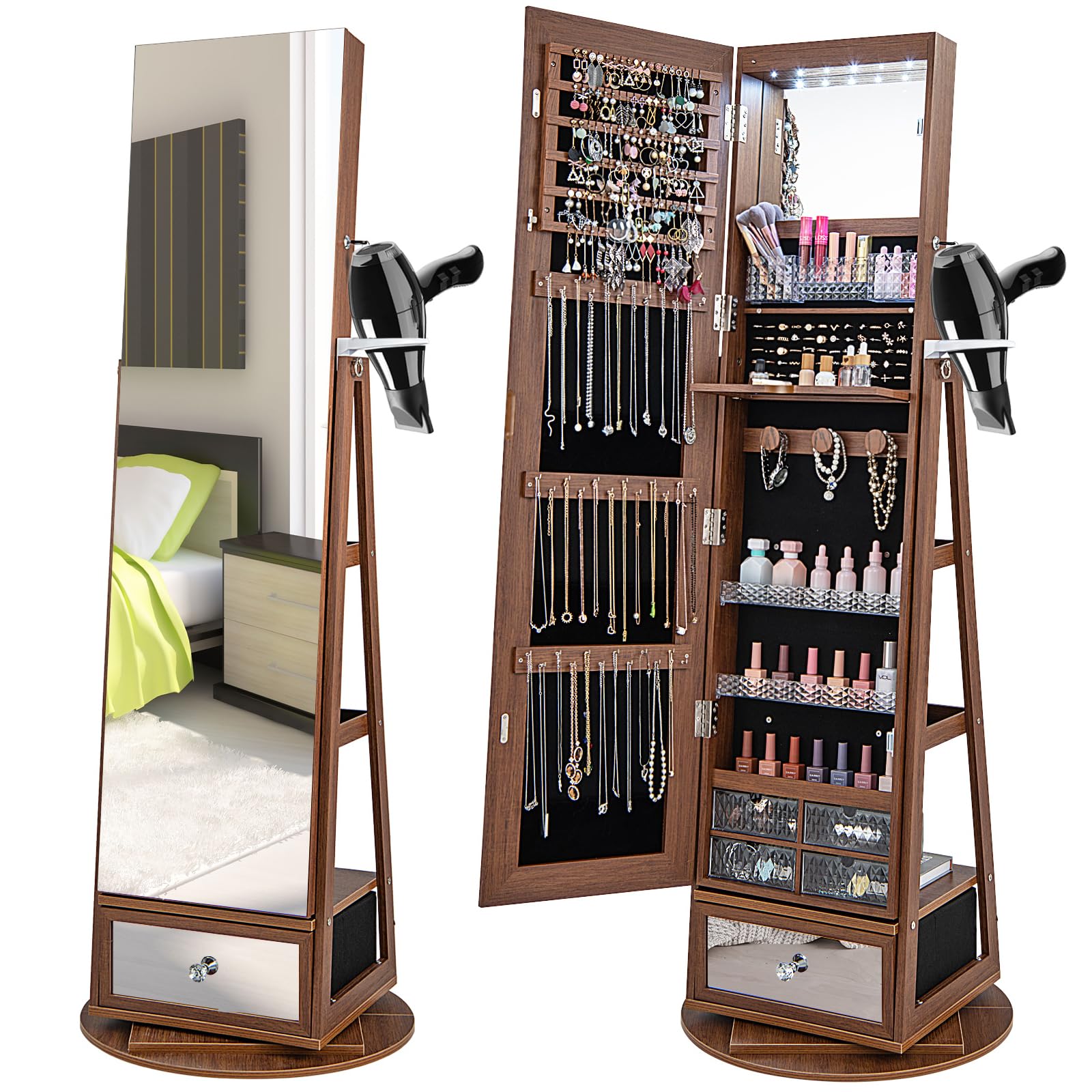 Byroce 360 ° Rotating Jewelry Armoire With Wheels, Lockable Jewelry