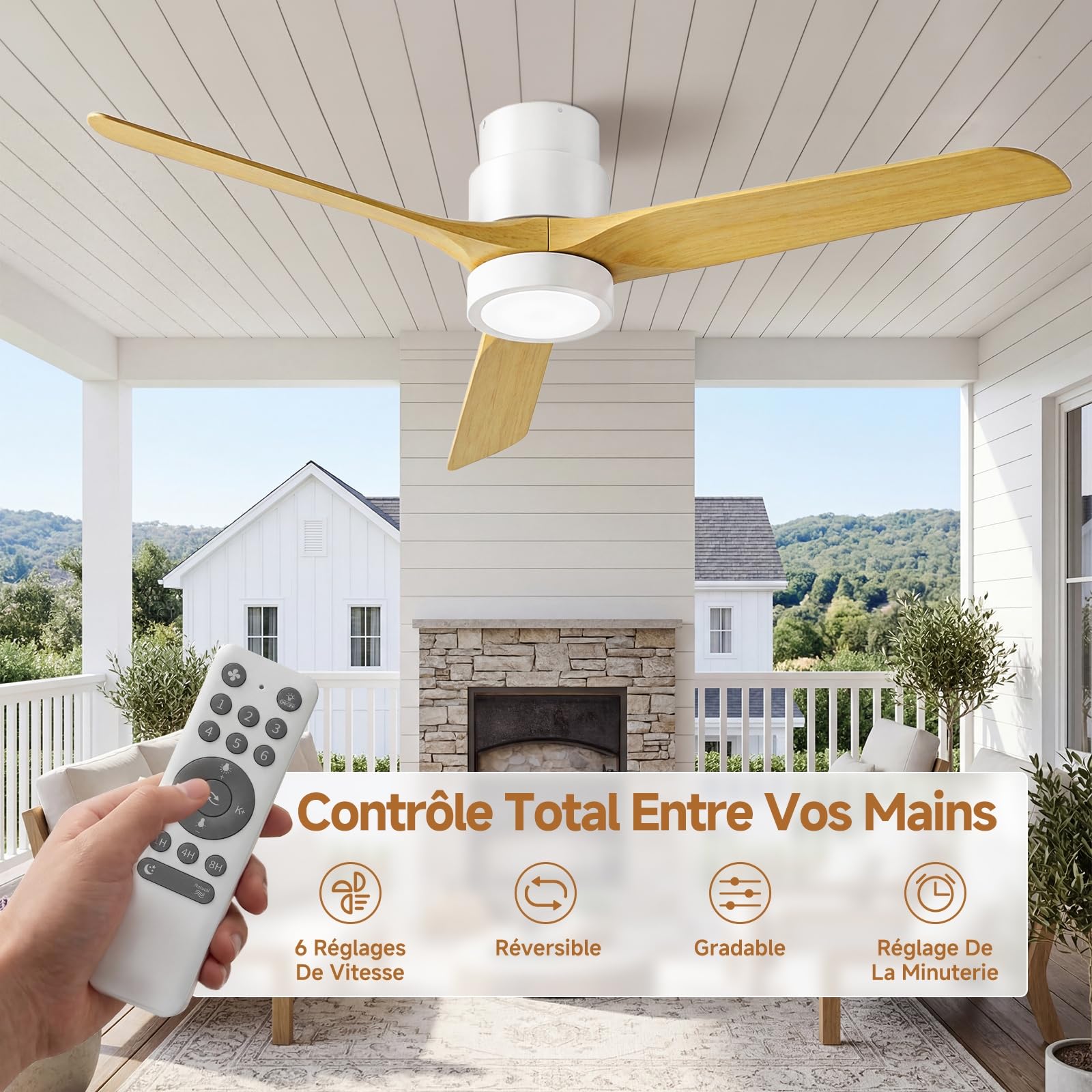 Ateroll Ventilateur Plafond Silencieux, Ventilo Plafond Avec Lumière Et Télécommande, 132 Cm, 3 Pales Bois, Avec Lumière Dimmable, Moteur DC Réversible, Fonction Été-Hiver, 6 Vitesses, Minuterie