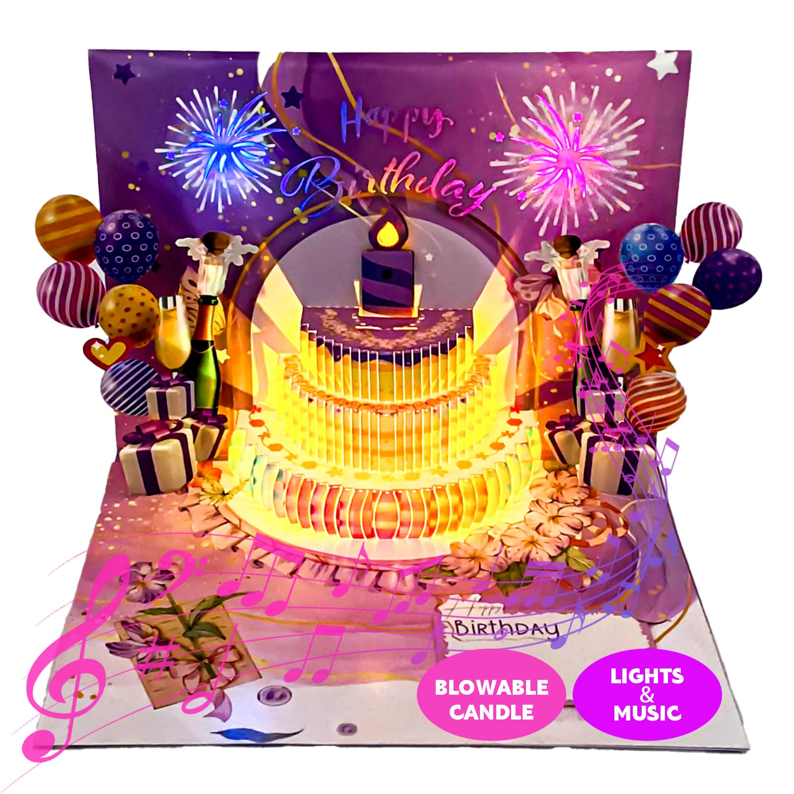 3D Pop Up Birthday Card with LED Lights, Musical Notes, Blowable Candle, Birthday Gifts for Women Men Husband Wife Sister Friends Kids-Navy