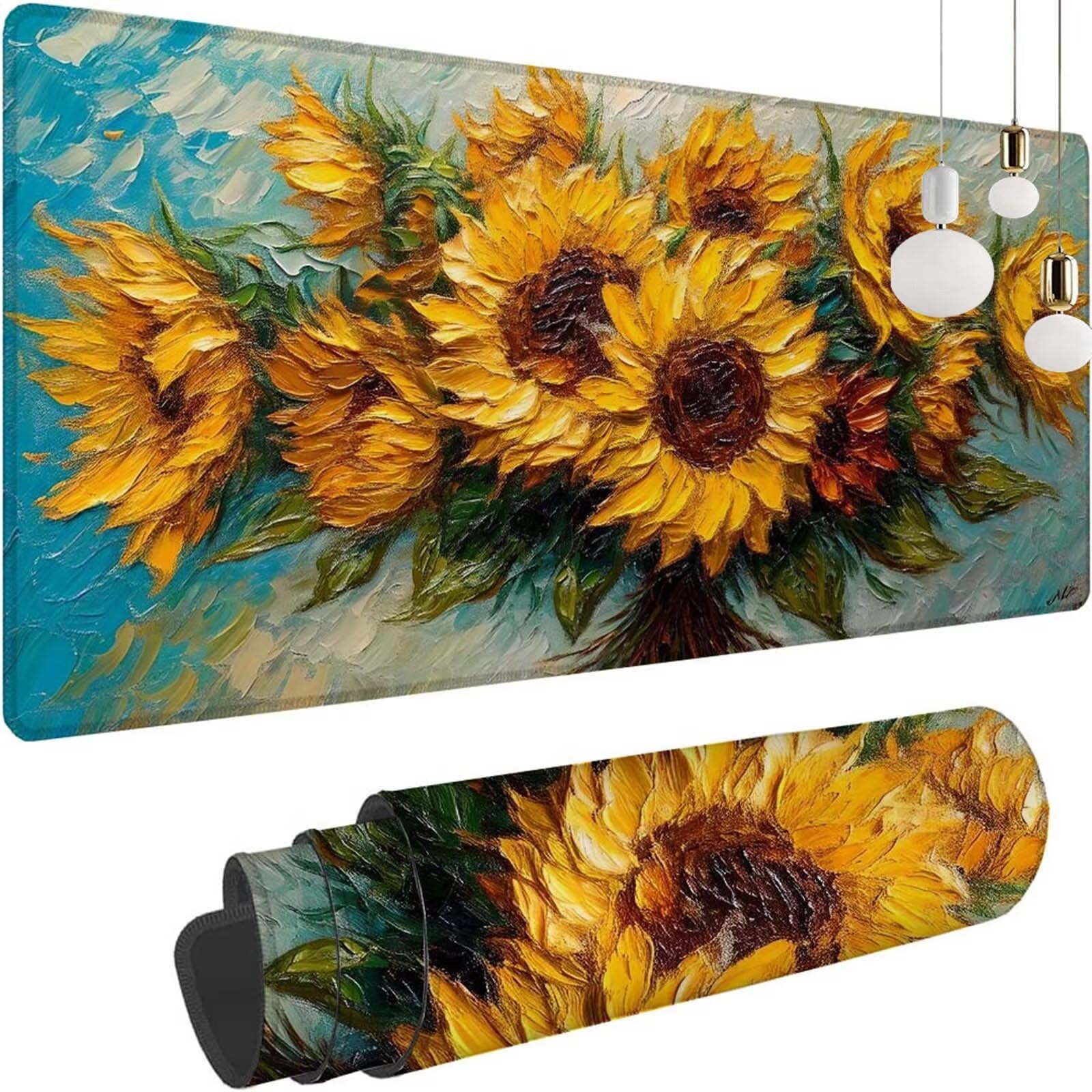 Alfombrilla Ratón Van Gogh Girasol Alfombrilla Ratón XXL 1400x600x3mm Mouse Pad Resiste Salpicaduras, Extendida de Gran Tamaño con Bordes Cosidos, Mejora la Precisión y la Velocidad, Duradera y-139