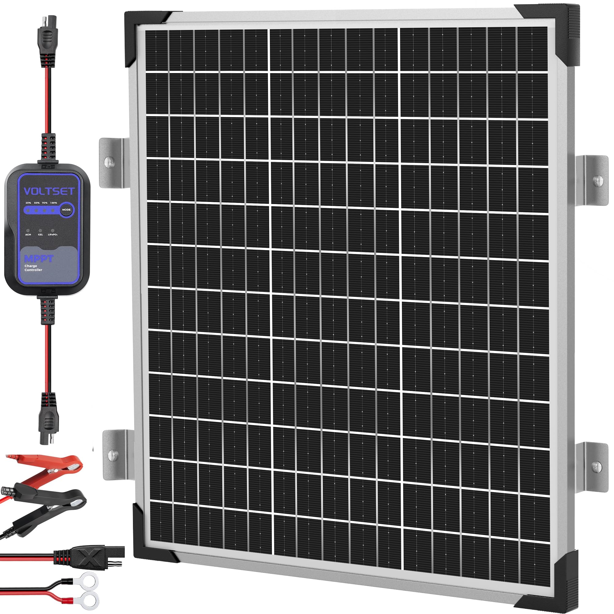 Voltset Kit de panel solar de 50 W y 12 V con controlador MPPT, cargador de batería solar, panel solar impermeable con soporte de montaje ajustable para barco, caravana, motocicleta, marina