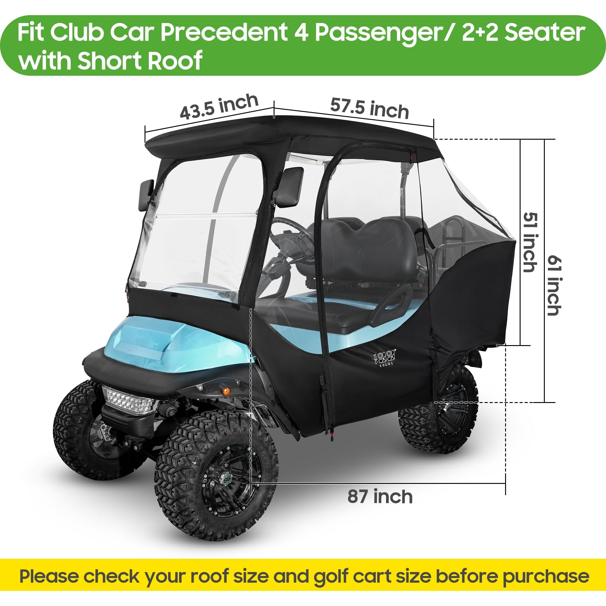 10L0L 4 Passagier-Golf-Buggy, Fahrgehäuse für Club-Auto, Precedent Golfwagen mit kurzem Dach bis zu 144,8 cm, 4-seitiges Klarfenster, 420D-Golf-Buggy, Winter-Regenschutz, Allwetter, winddicht,
