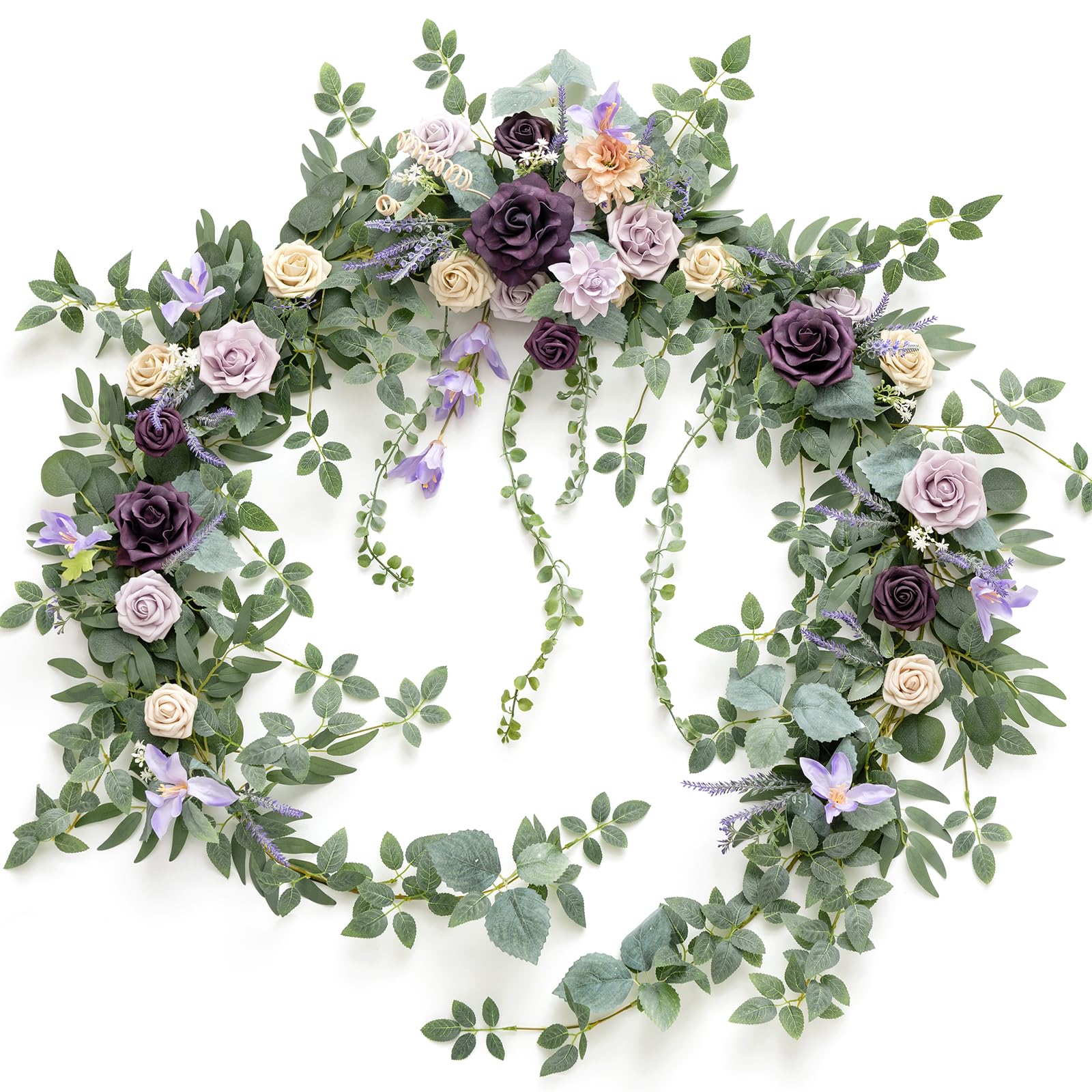 Photo 1 of Ling's moment 9FT Eucalyptus and Willow Leaf Garland with White Flower, Handcrafted Wedding Sweetheart Table Centerpieces Head Table Decor Arch Backdrop Decorations for Wedding | Lavender Purple
