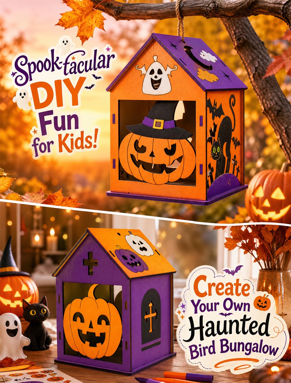 hapray 12 piezas de manualidades de casa de Halloween, kit de pintura de calabaza de madera para niños
