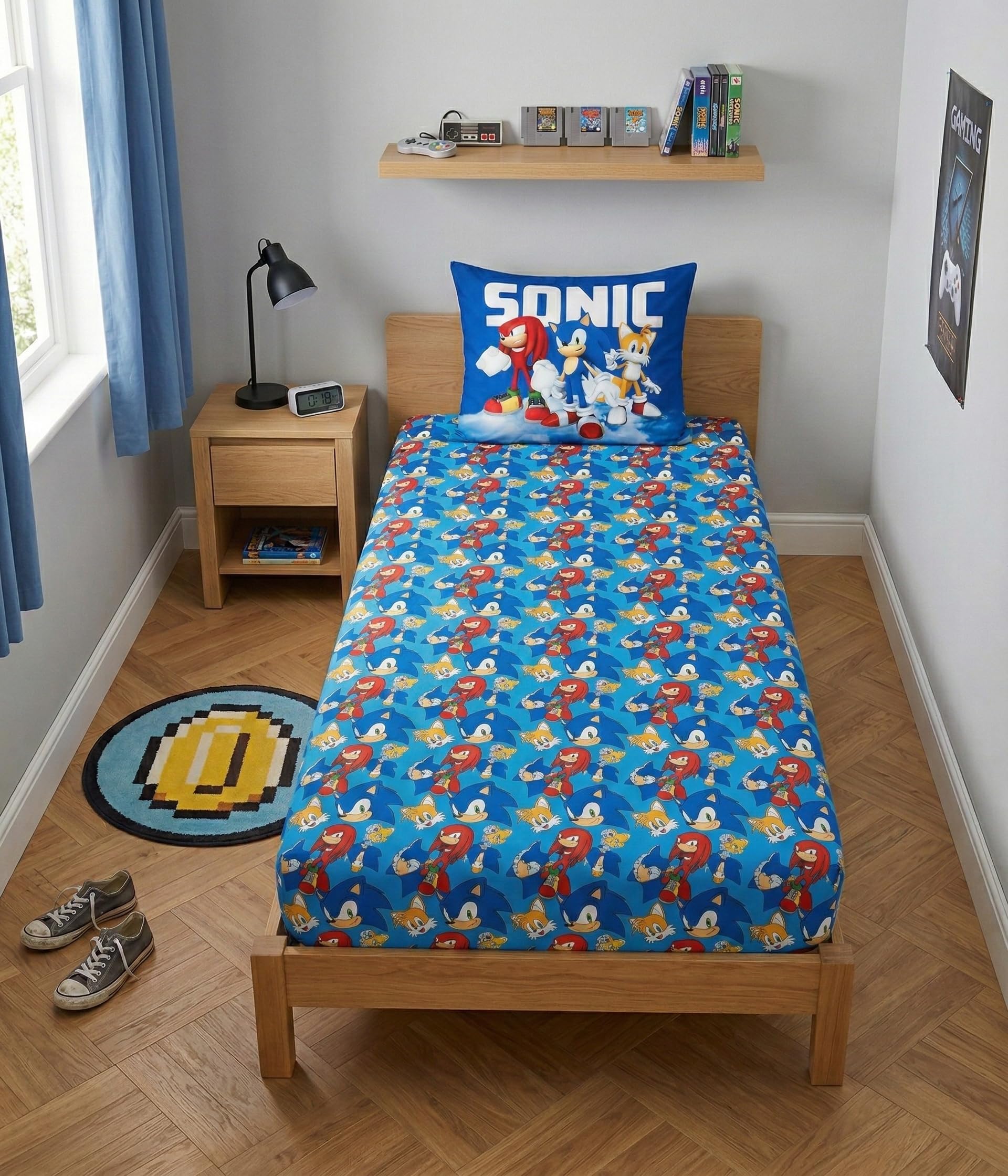 Sonic 3 Piezas Funda Nórdica Cama 90 140x200 + Funda 63x63 + Bajera 90x190 | Funda nórdica + bajera 90x190 | Microfibra secado rápido | Knuckles Tails SEGA oficial | Regalo | Lavable a máquina