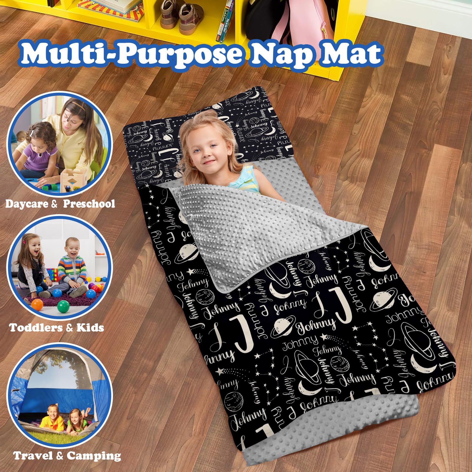 Dyoart Custom Space Nap Mat, Personalized Name Toddler Sleeping Bag for Daycare Preschool Kindergarten, Boys Girls Sleep Mats with Pillow Blanket, Kids Sleep Sacks for 2-15 Years, Black White Universe