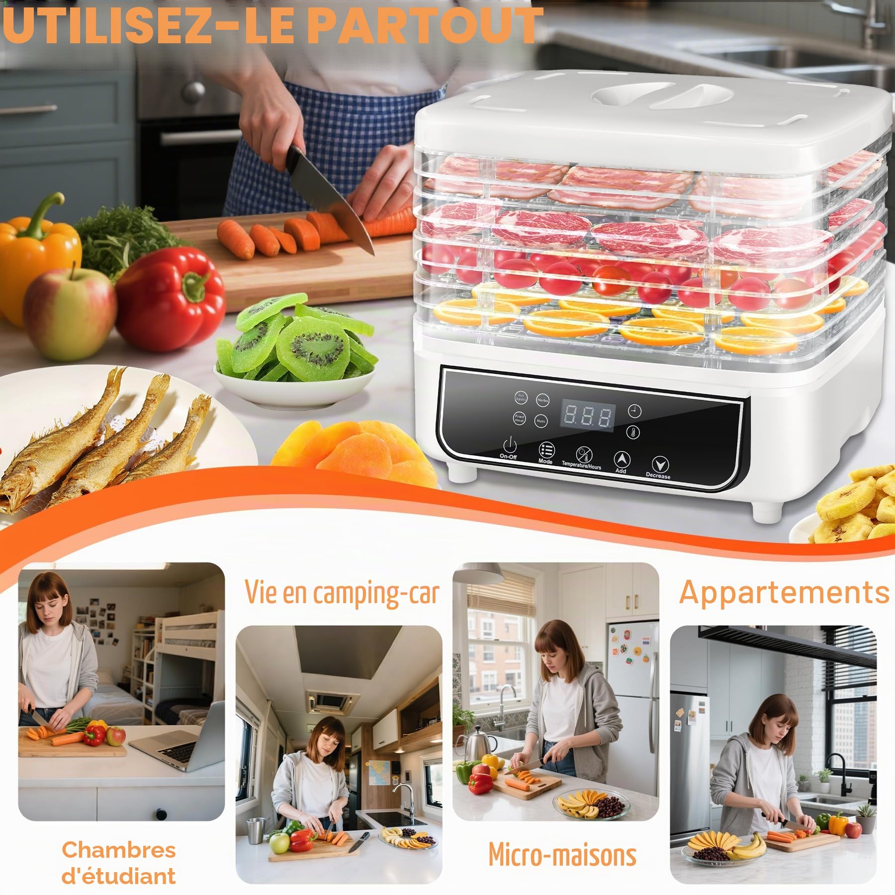 KingSom Déshydrateur Alimentaire, Déshydrateur à 5 Plateaux Réglables en Hauteur, Déshydrateurs d'Aliments avec Minuterie 72H et Température 35-70°C, 4 Modes, Deshydrateur Fruits et Legumes, Sans BPA
