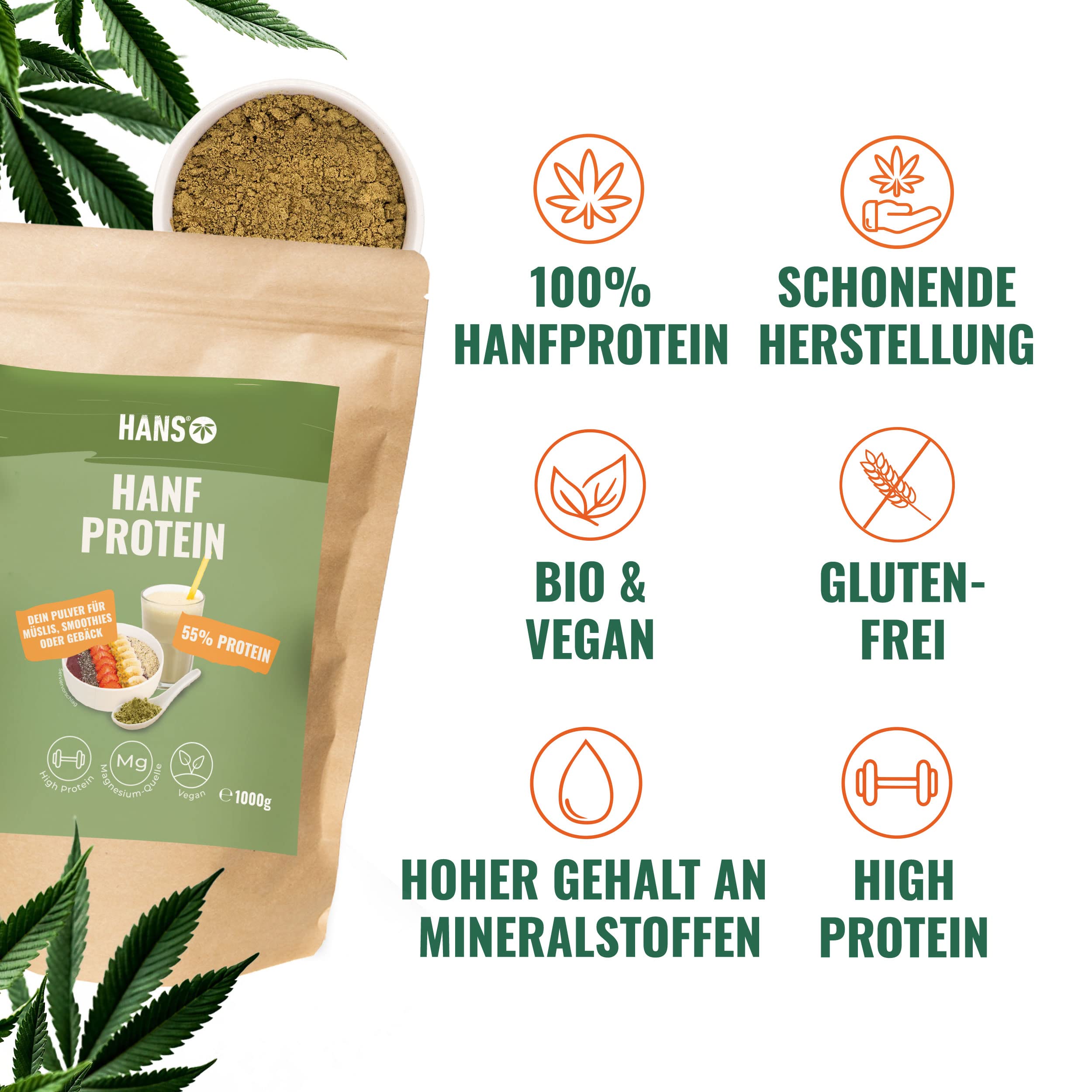 Bio Hanfprotein Pulver 1000g I 55% Eiweiß | Proteinpulver aus Deutschland | Pflanzliches Hanfpulver ohne Zusatzstoffe | Superfood Eiweißpulver mit essenziellen Aminosäuren | Vegan I HANS Brainfood