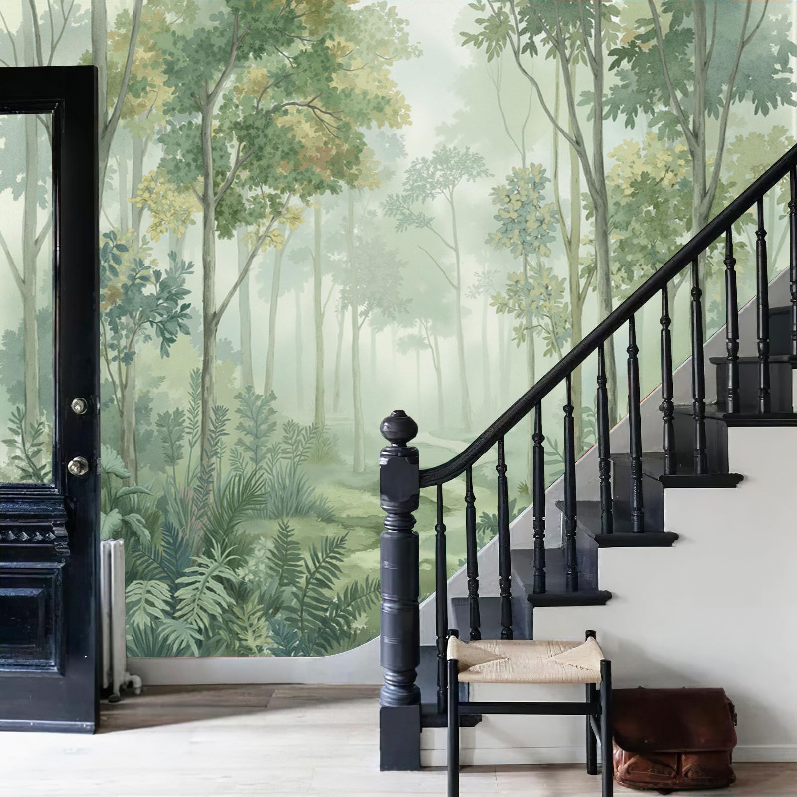 Carta Da Parati Panoramica Verde 400 x 280 cm - Murales Acquerello Piante tessuto non tessuto, Decor Carta da Parati Paesaggio Boschivo Nebbia, per Soggiorno Cucina Corridoio Muro Di Sfondo