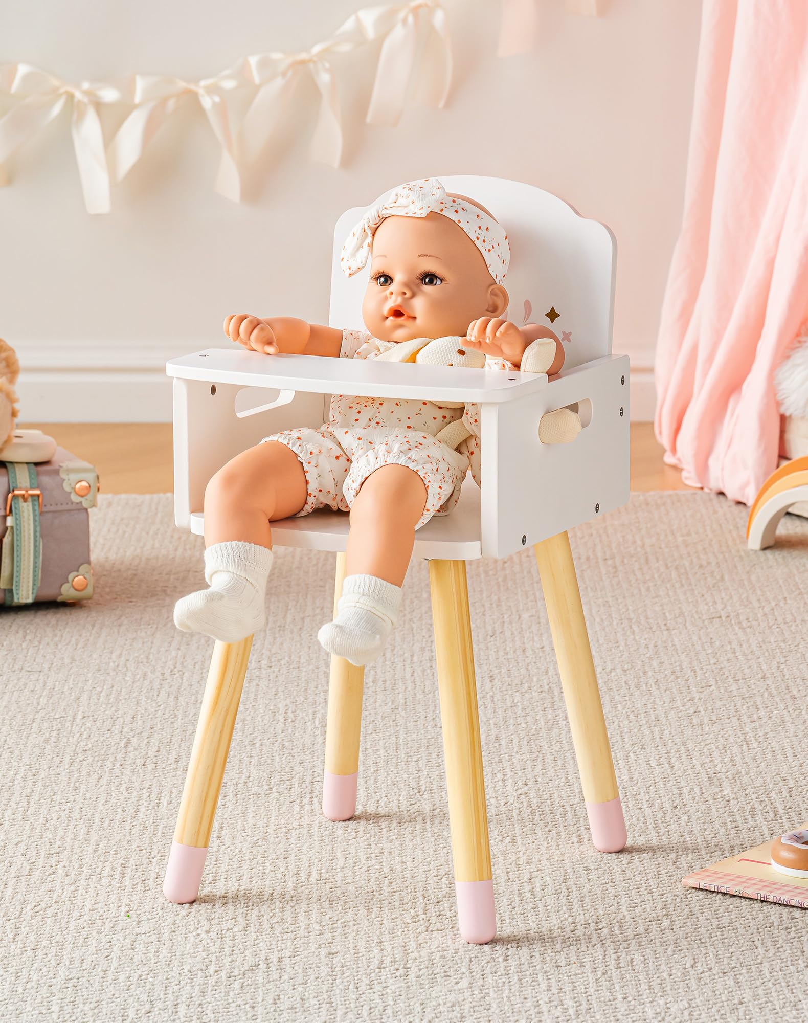 ROBOTIME Holz Puppenhochstuhl, mit festem Tablett für 16-18 Zoll Puppen, Puppenhochstuhl Möbel, Holz Möbel für fantasievolles Füttern, Ballet Fairy Serie – Rosa