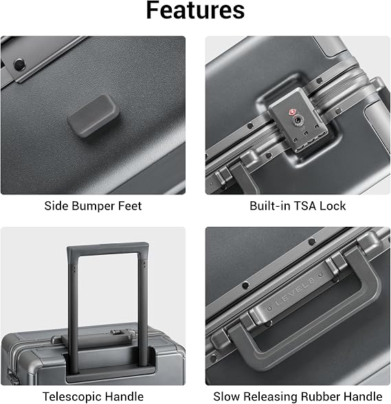 LEVEL8 20/24 Inch Zipperless 2 Piece Luggage Sets with Aluminum Frame, Lightweight Hard Shell Suitcases with Spinner Wheels, Metal Travel Luggages with Double TSA Locks, Grey
