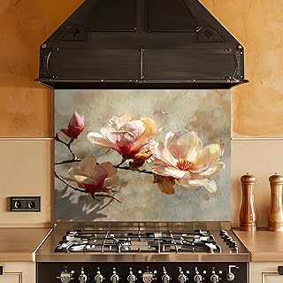 Pastel Magnolia Branch Glass Backsplash, Tempered Glass Backsplash, Glas...