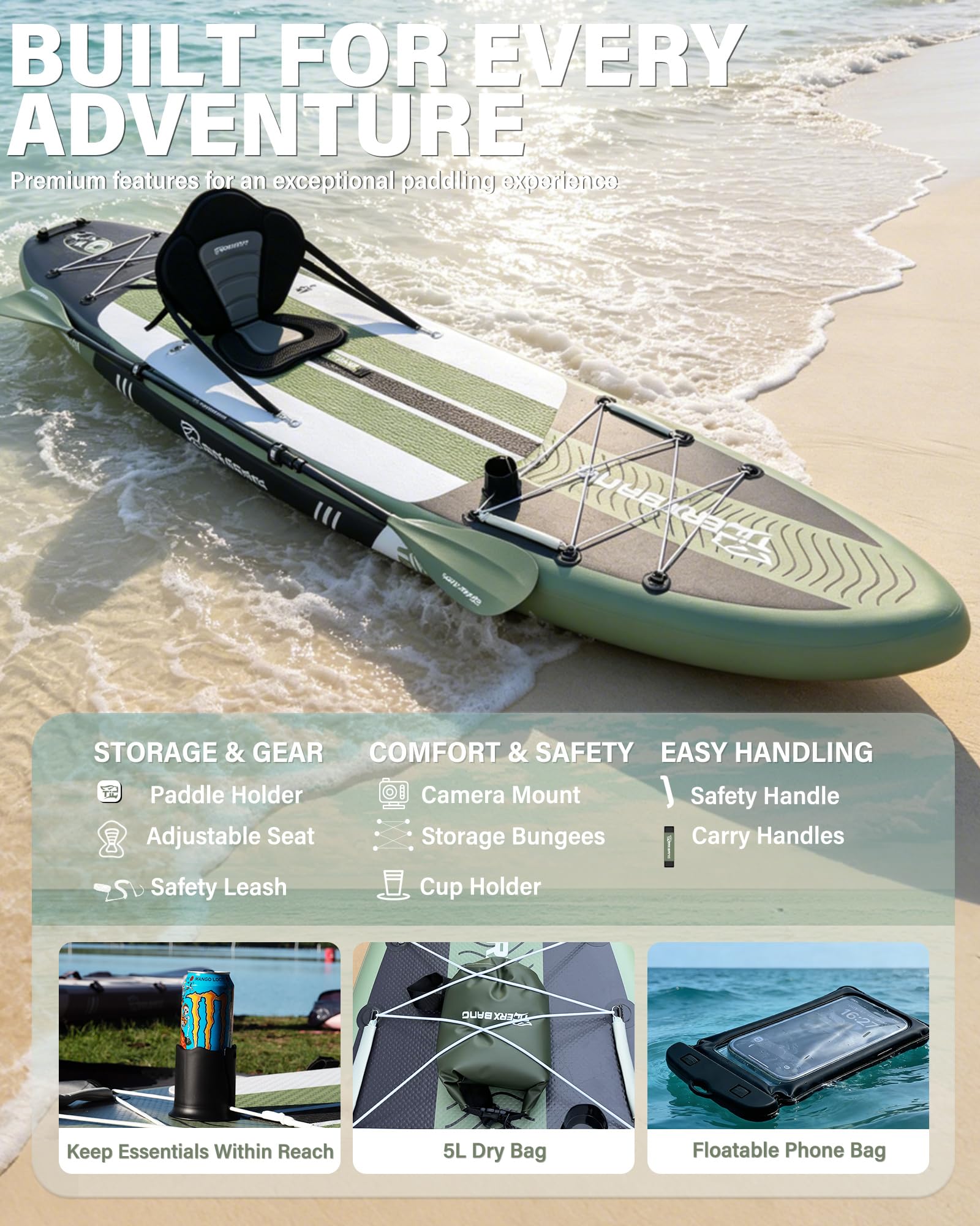 TIGERXBANG Aufblasbares Paddle Board mit Sitz, 335 x 86 x 15 cm Stand Up Paddling Board für Erwachsene/Kinder, Komplettes ISUP-Surf-Set für 2+1 Personen/Familie