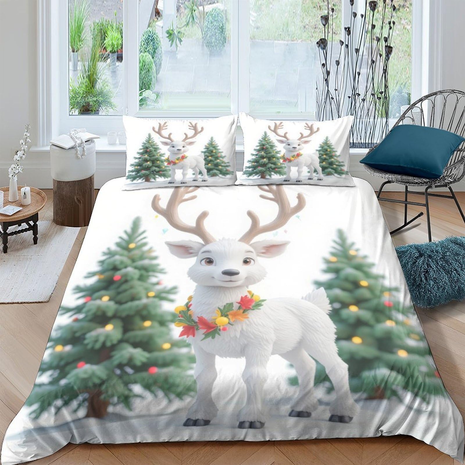 Ctjqhvkz Style-9 3D Printed White Reindeer Fitted Sheet Microfiber Winter Pine Tree Bed Cover Non Slip Machine Washable For Bedroom Guest Room Single（135X200cm）