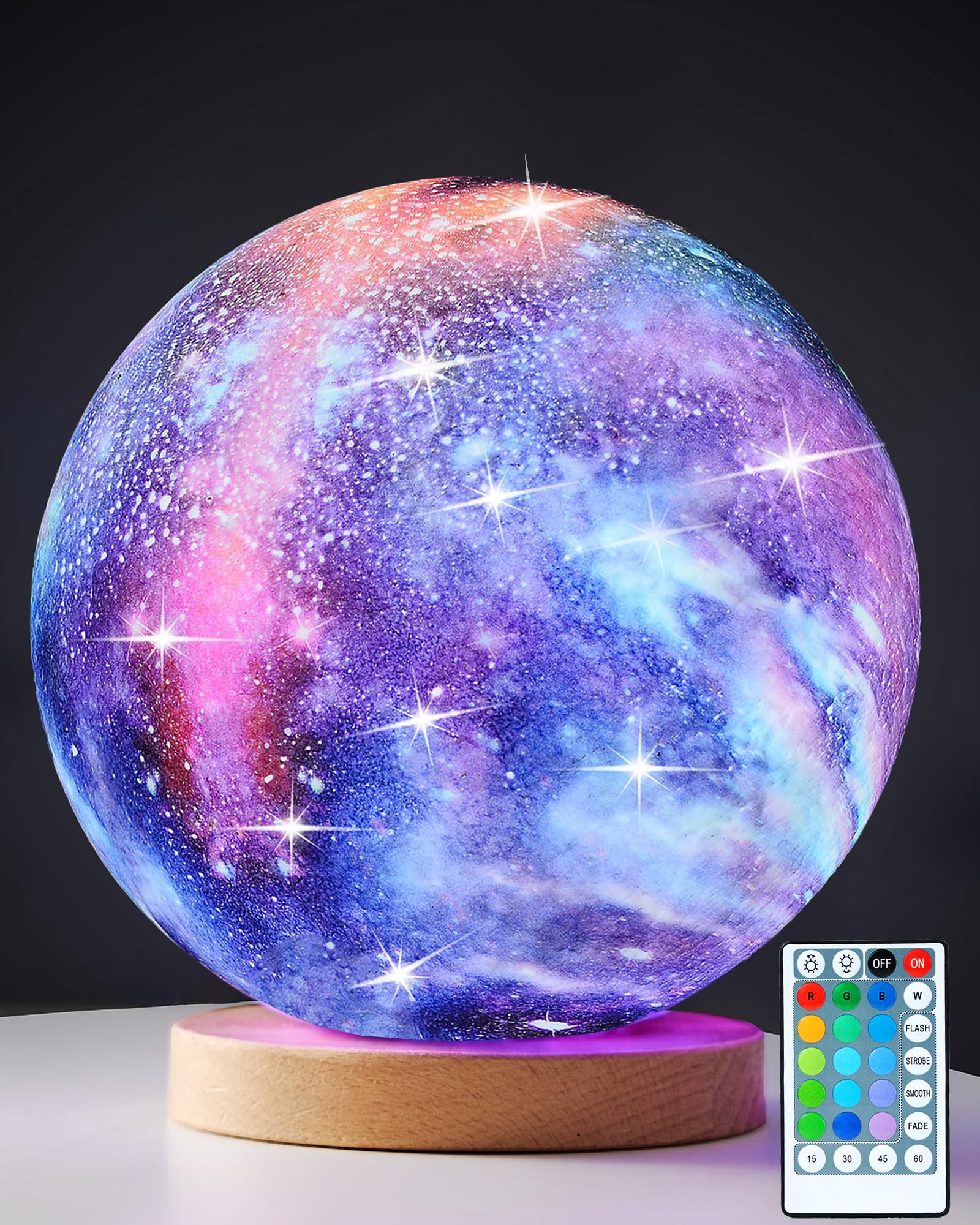 DSHOW 18cm Moon Lamp Kids Night Light Galaxy Lamp 16 Colors LED 3D Star Moon Light with Wood Stand, Remote&Touch&Pat Control USB Rechargeable Gift for Baby Girls Boys Birthday (18CM)